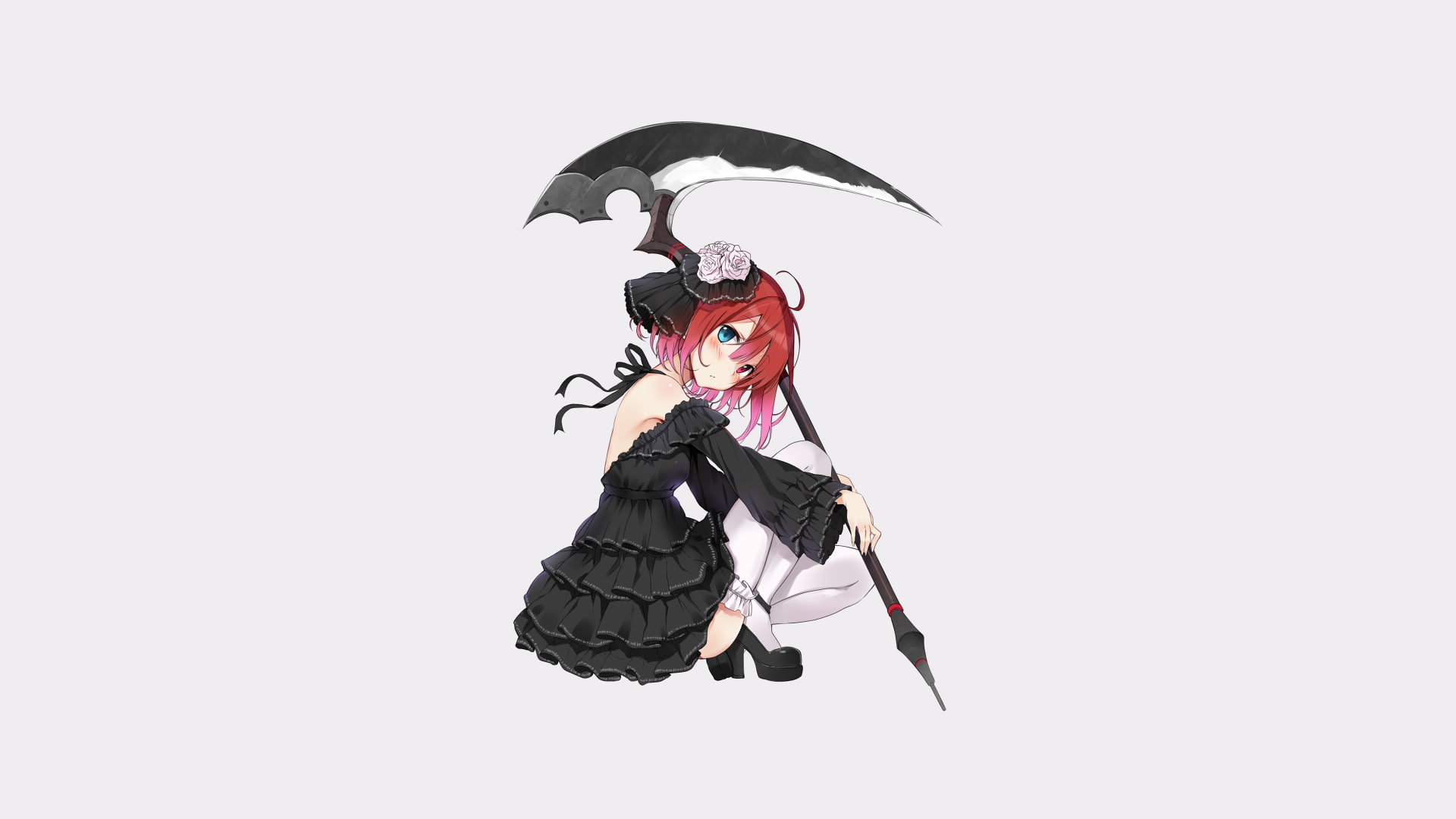 1080P, weapon, anime girls, scythe, dress, lolita fashion, death, rose, blue eyes, original characters, heterochromia, simple background, redhead, ahoge, HD Wallpaper