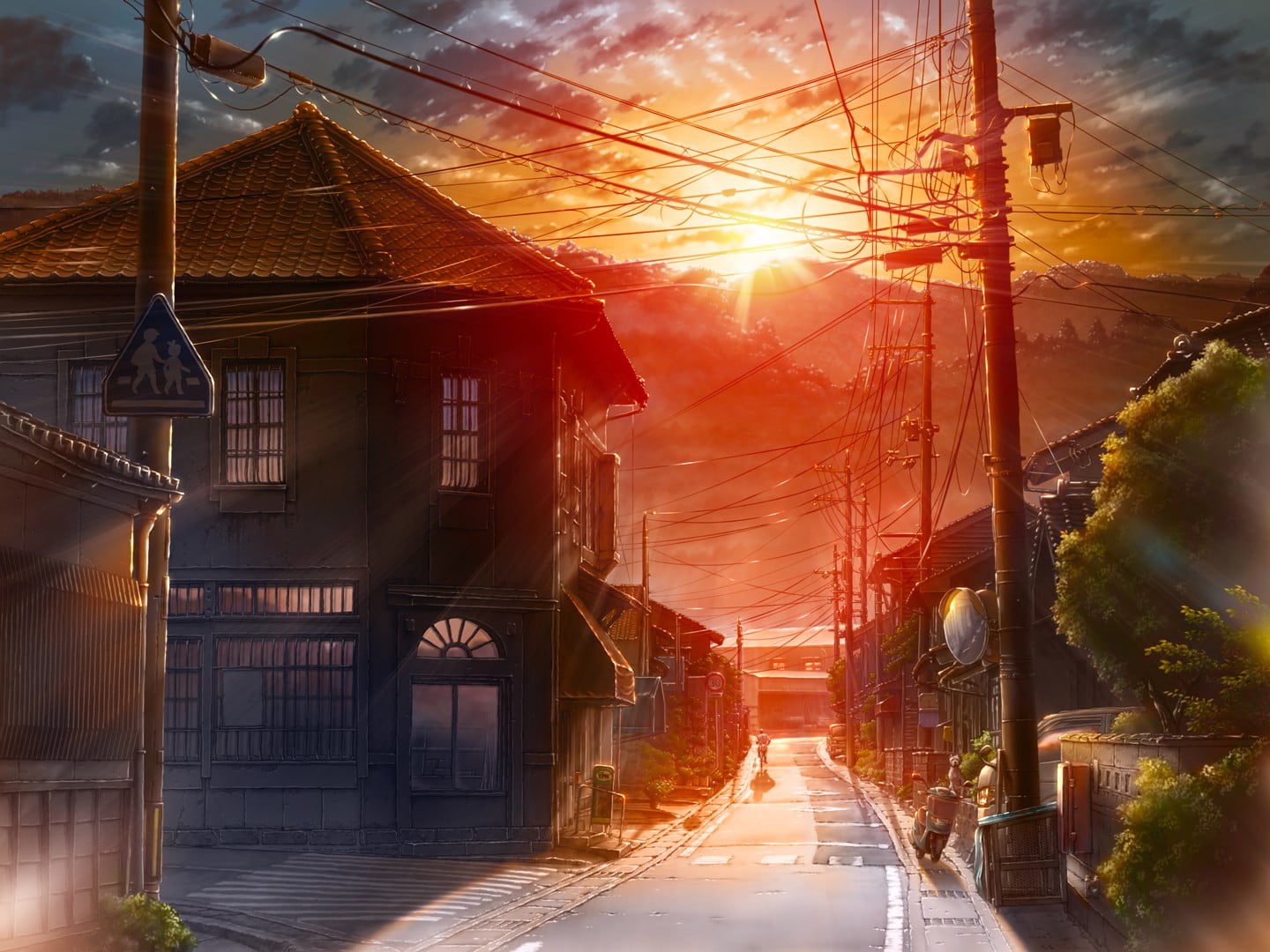 sunset, direction, sunbeam, road, the way forward, building, sky, house, 720P, nature, urban, hd, anime, sunlight, built structure, no people, cartoon, HD Wallpaper