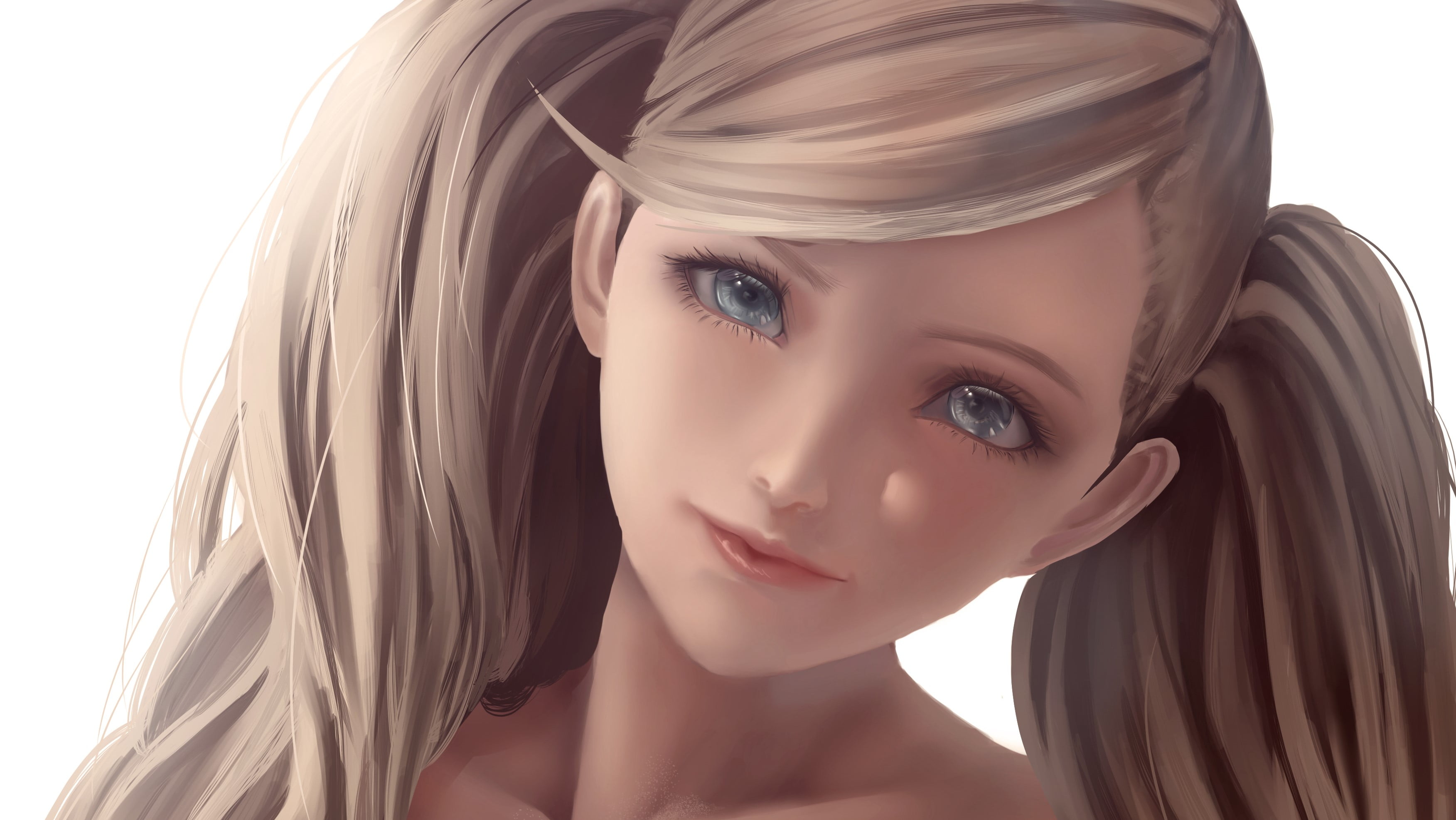 anime, digital art, Ann Takamaki, looking at viewer, simple background, blue eyes, 2K, anime girls, face, long hair, twintails, women, blonde, Persona 5, HD Wallpaper