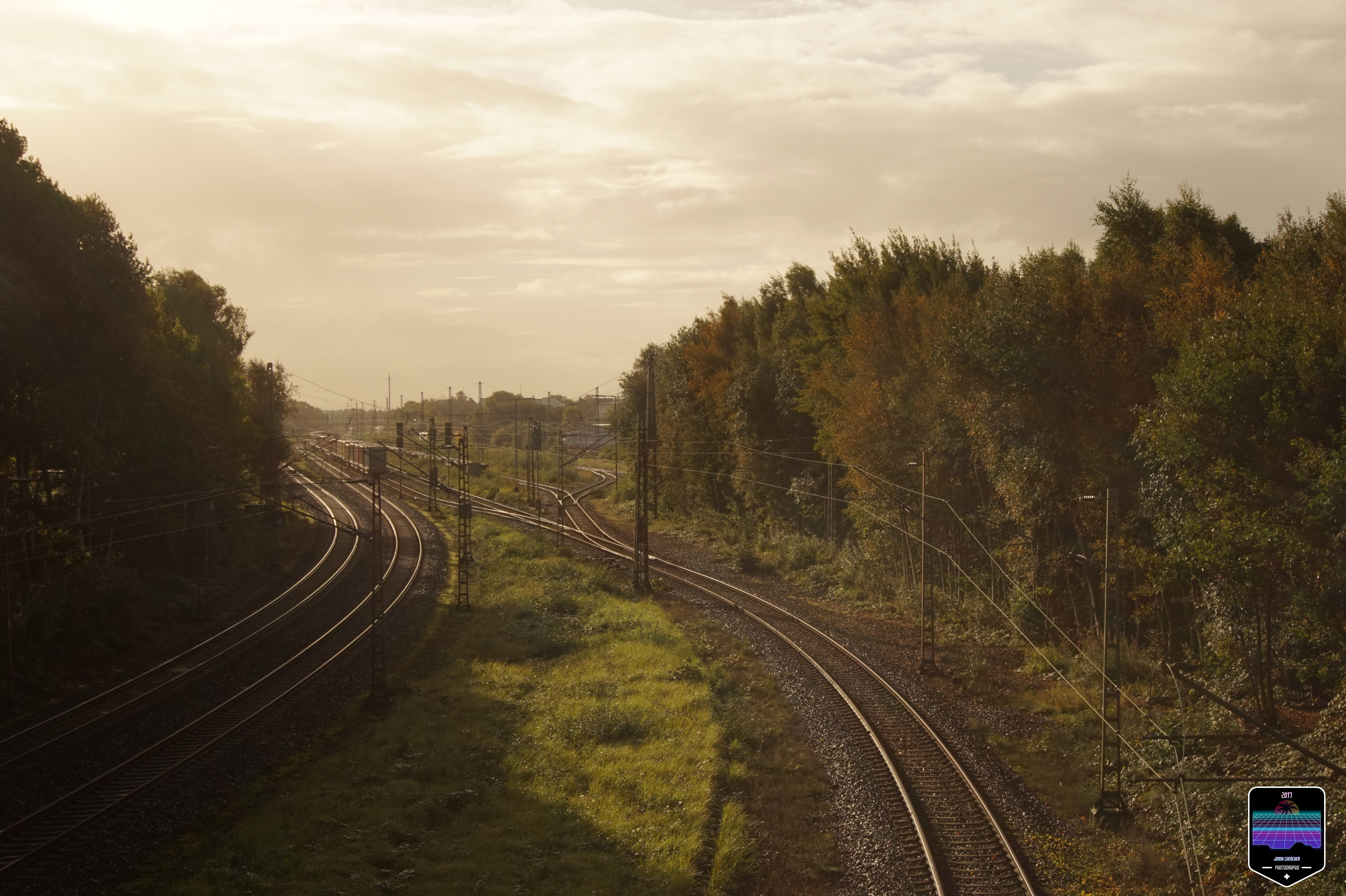 cloud - sky, day, tree, direction, railroad track, the way forward, watermarked, rail transportation, public transportation, landscape, sky, railway, train, HD Wallpaper