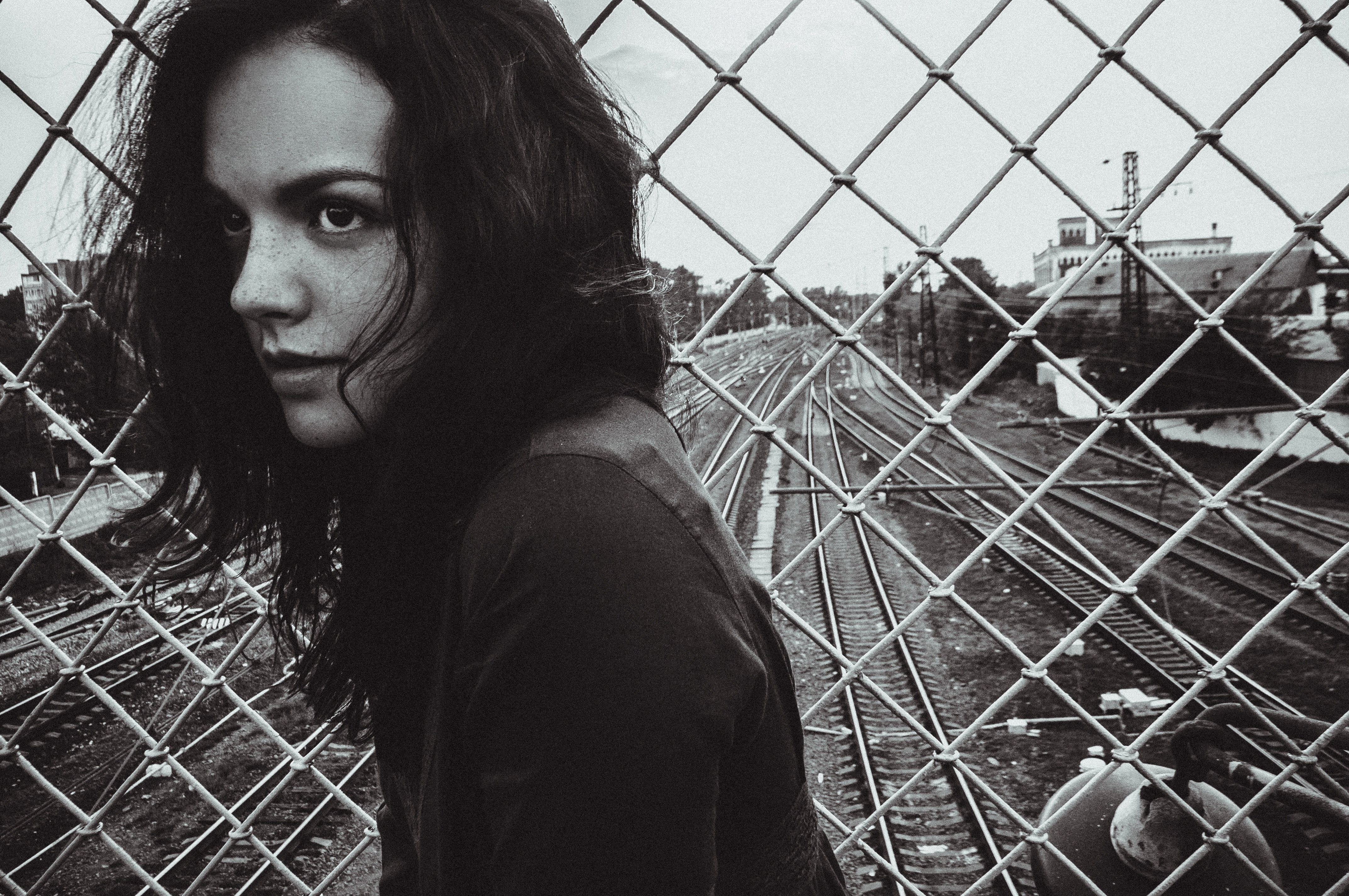 4K, fence, hairstyle, day, rail yard, outdoors, momorozov, barrier, hair, casual clothing, young adult, contemplation, women, looking, looking away, one person, HD Wallpaper