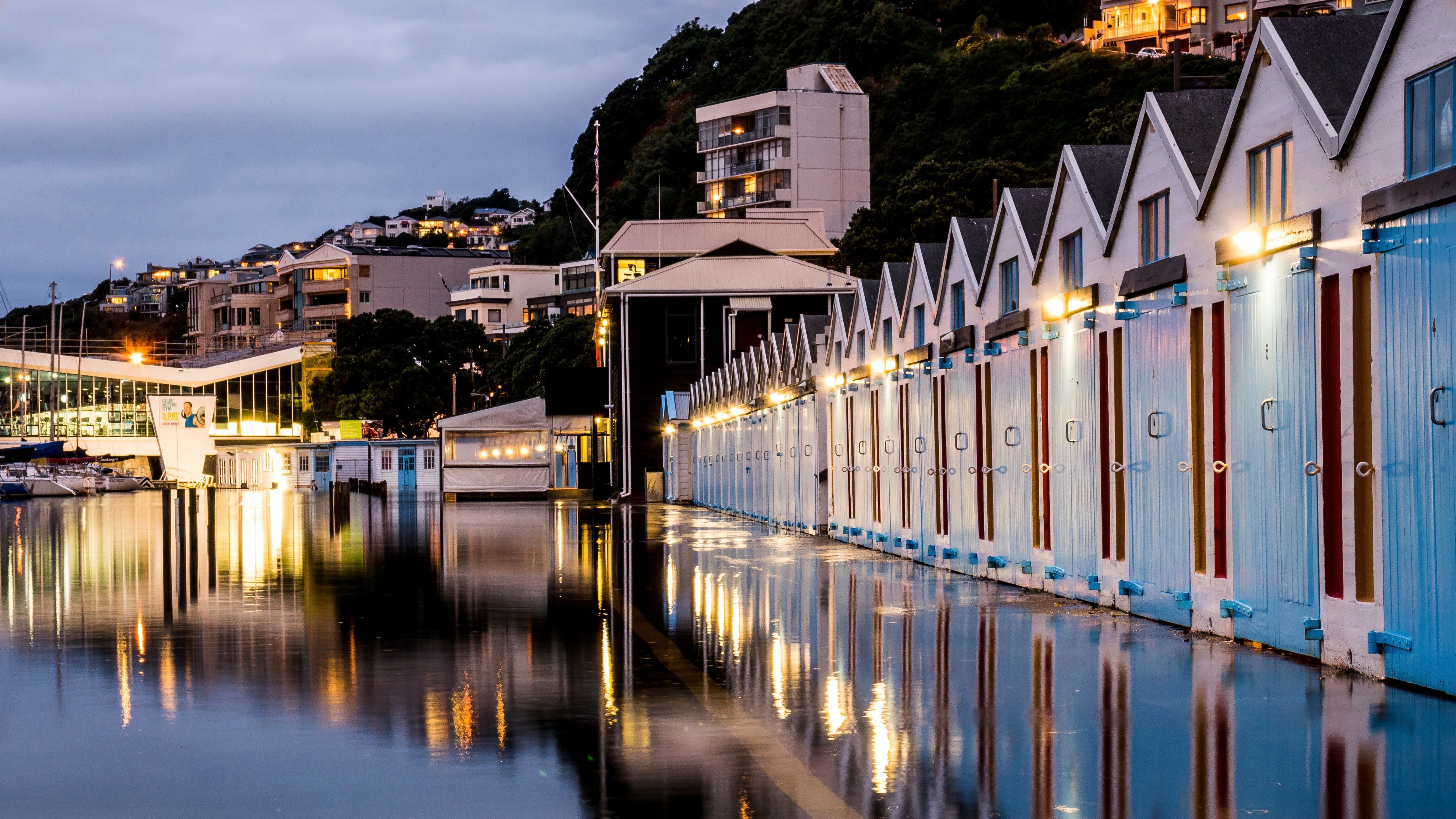 water, dusk, boating, illuminated, reflection, nz, boats, wooden post, cloud - sky, river, building exterior, yachts, color, no people, city, yacht club, HD Wallpaper