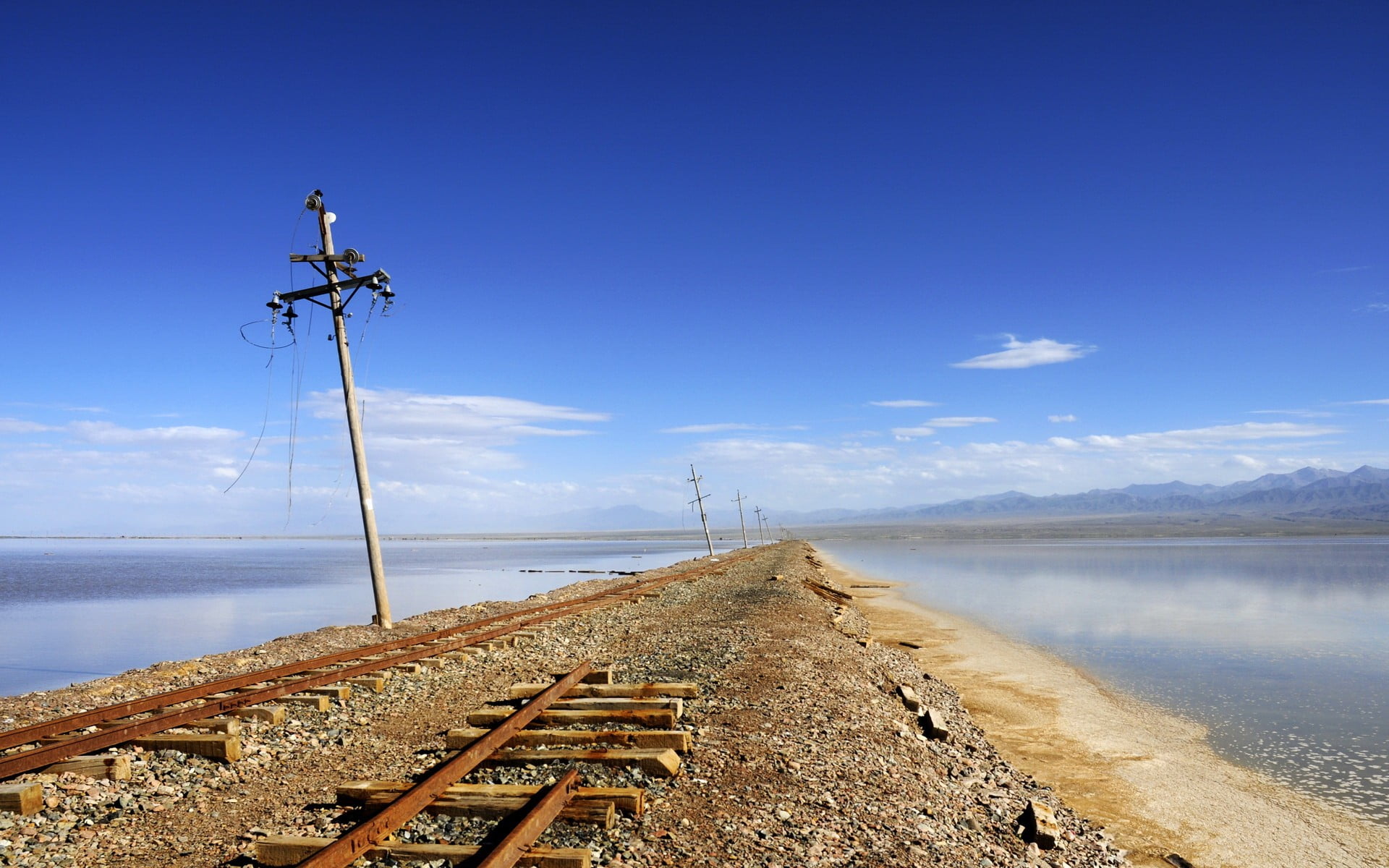 abandoned, electric, scenics - nature, tranquility, no people, blue, white, rust, water, wood - material, connection, post, outdoors, lake, day, cloud - sky, HD Wallpaper