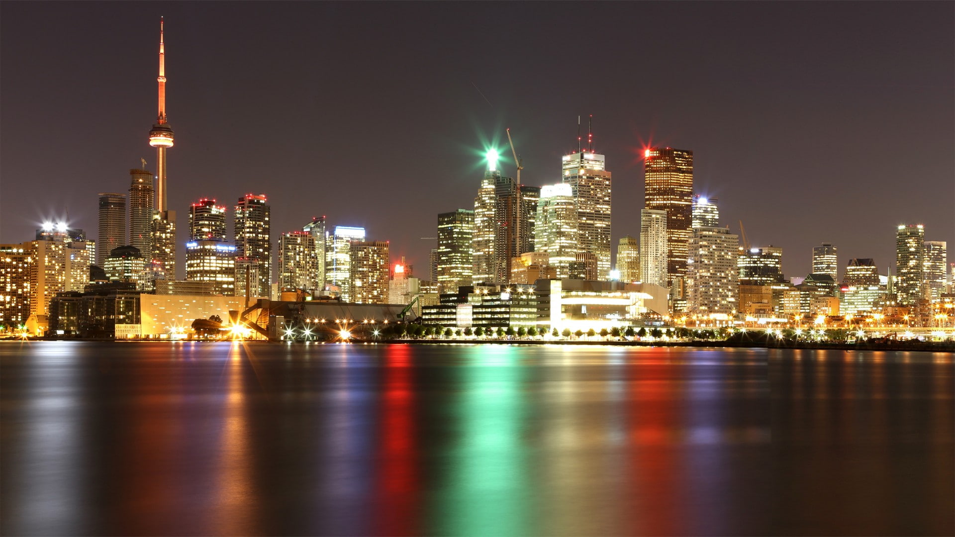 waterfront, water, urban skyline, night, nature, reflection, spire, tall - high, financial district, city, skyscraper, CN Tower, building exterior, tower, HD Wallpaper