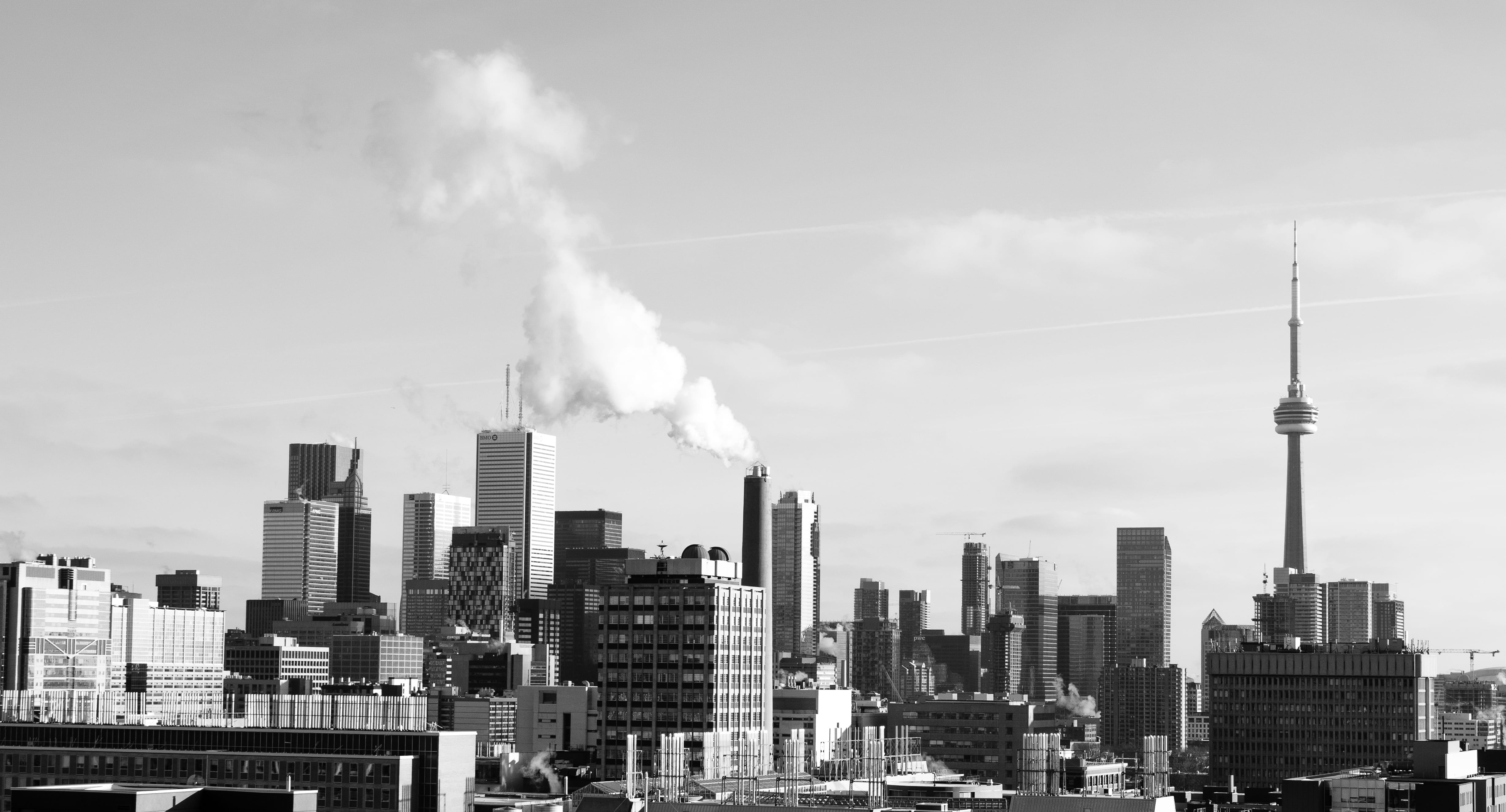 architecture, built structure, city, nature, air pollution, black and white, cityscape, outdoors, 4K, no people, modern, toronto, tower, day, skyscraper, HD Wallpaper