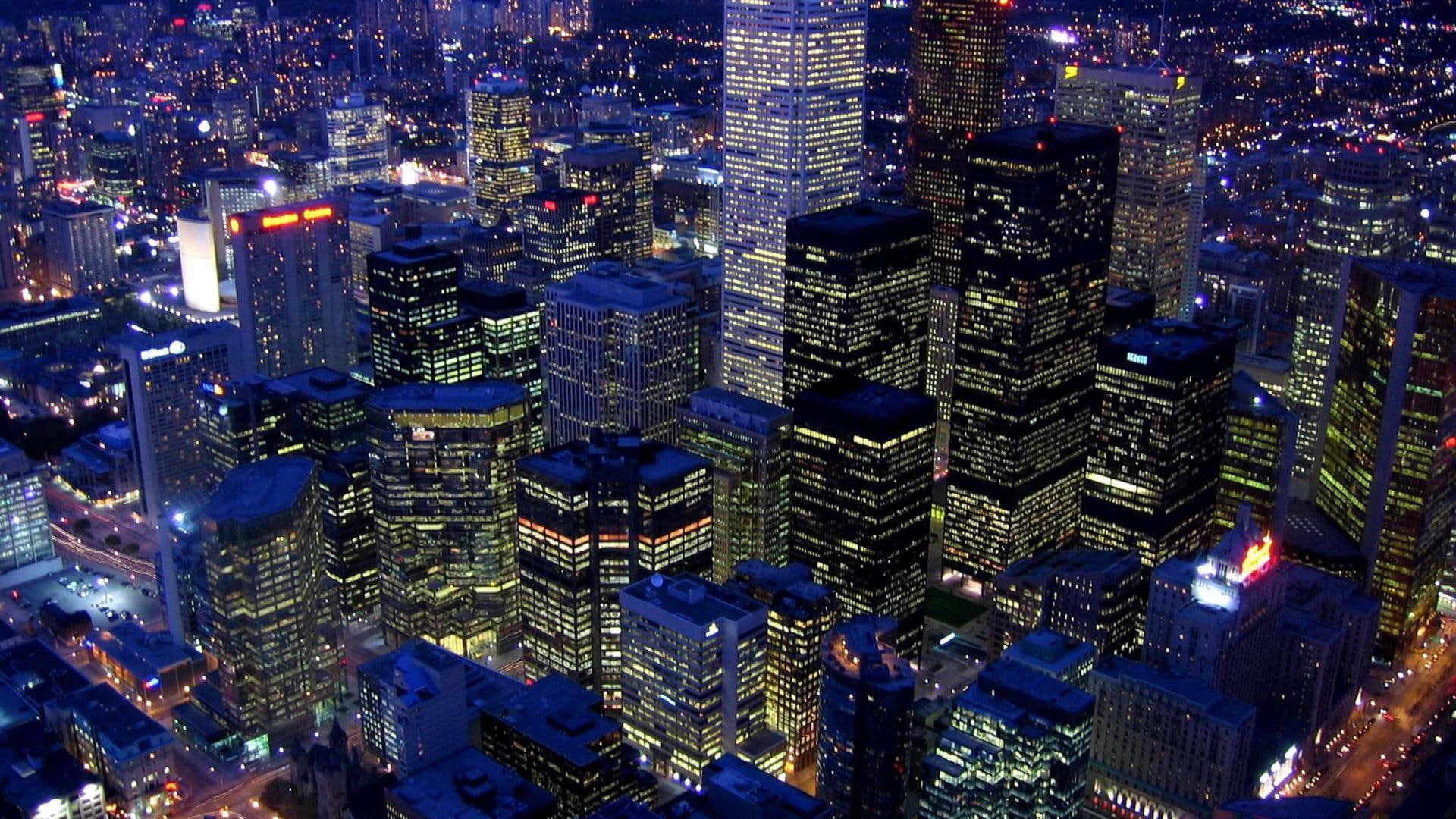 cn, tower, view, 1080P, skyscrapers, night, nature and landscapes, lights, city, toronto, HD Wallpaper