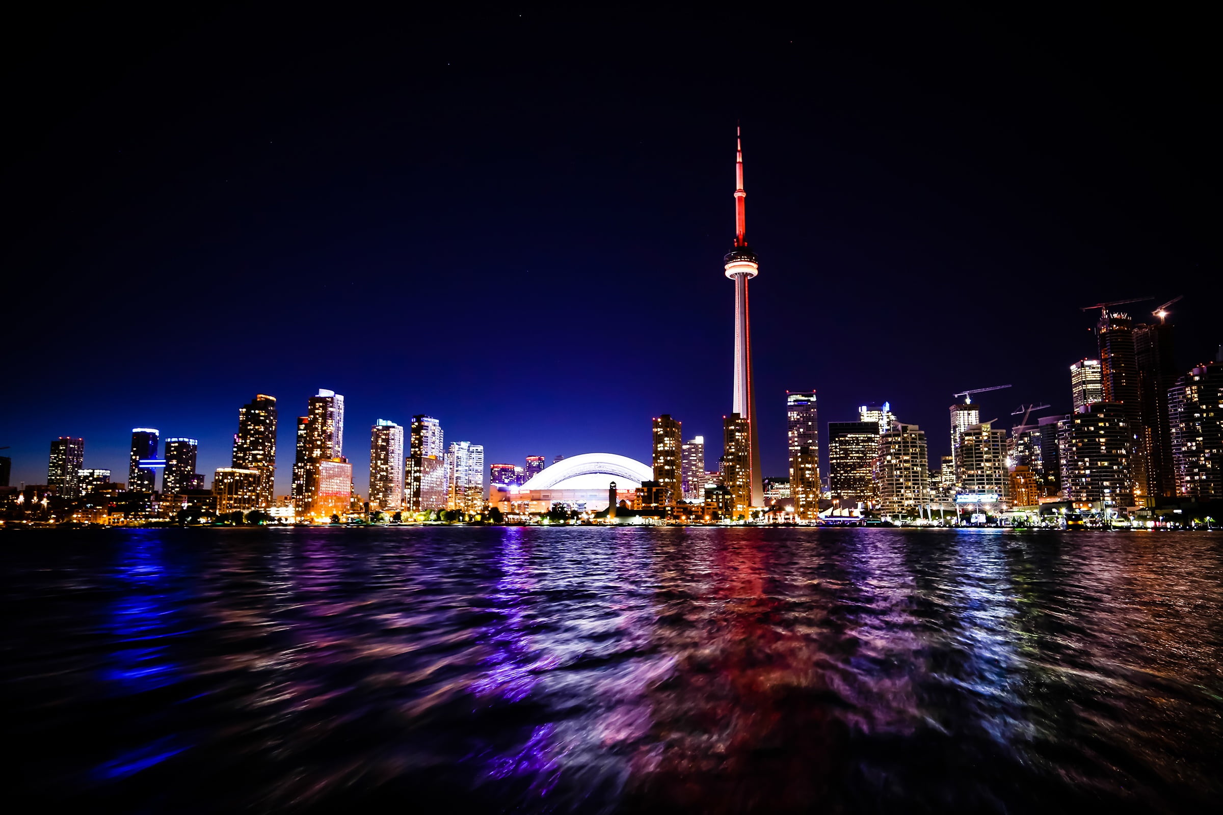travel destinations, sky, towers, illuminated, skyline, skydome, metropole, dark, skyscraper, travel, office building exterior, night city, tower, building, HD Wallpaper