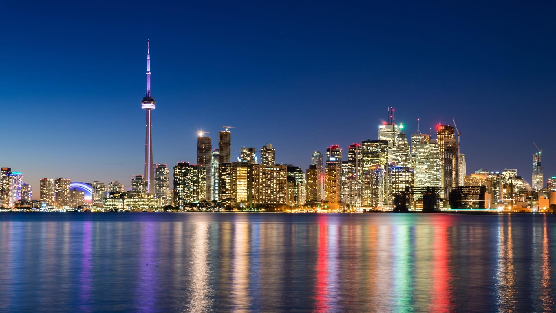 building, tall - high, travel destinations, tower, architecture, outdoors, night, urban skyline, landscape, modern, illuminated, water, canada, sky, building exterior, HD Wallpaper