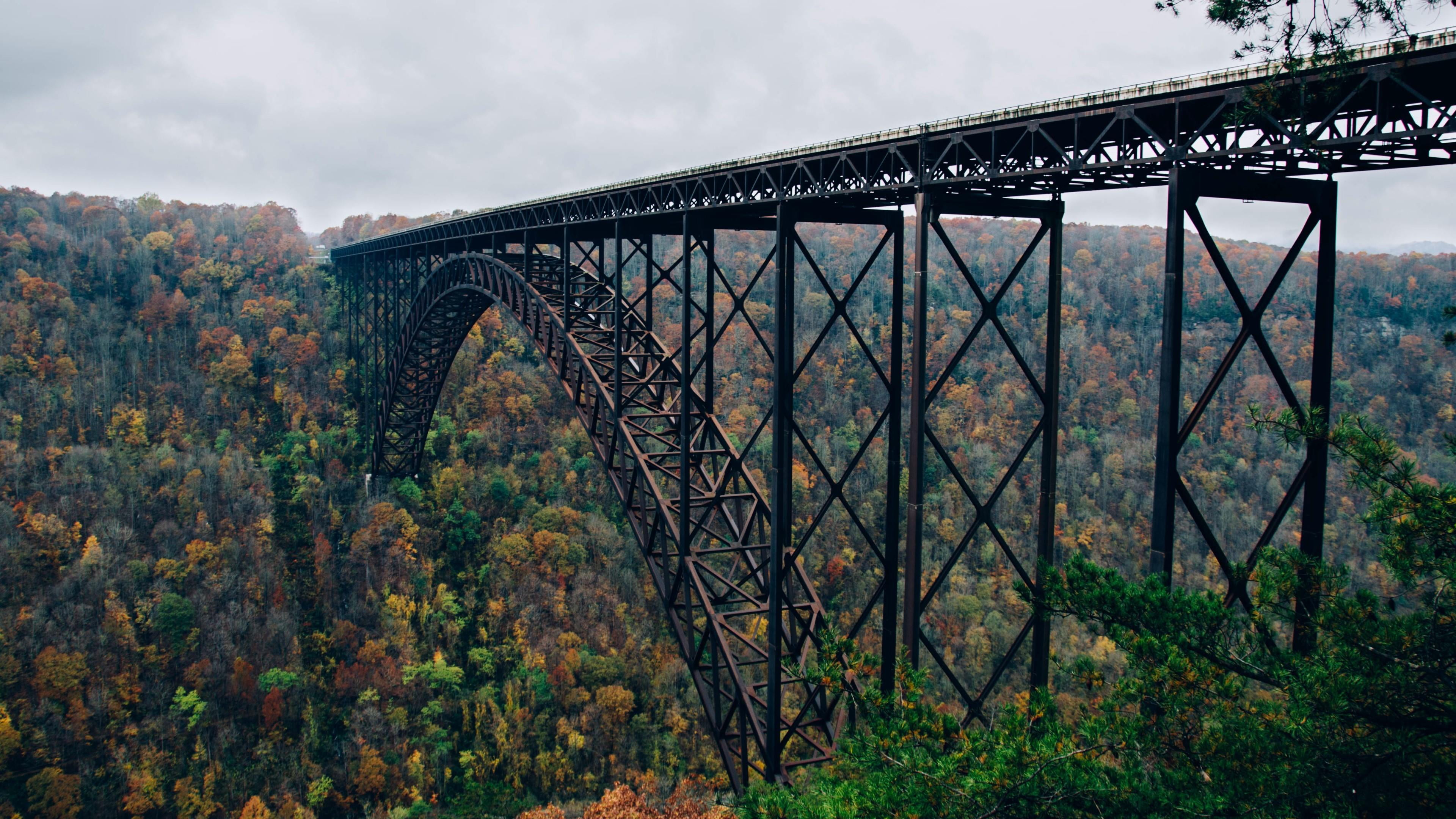cloud - sky, no people, rail transportation, railway bridge, plant, outdoors, bridge, day, sky, tree, metal, life, transportation, 4K, connection, land, HD Wallpaper