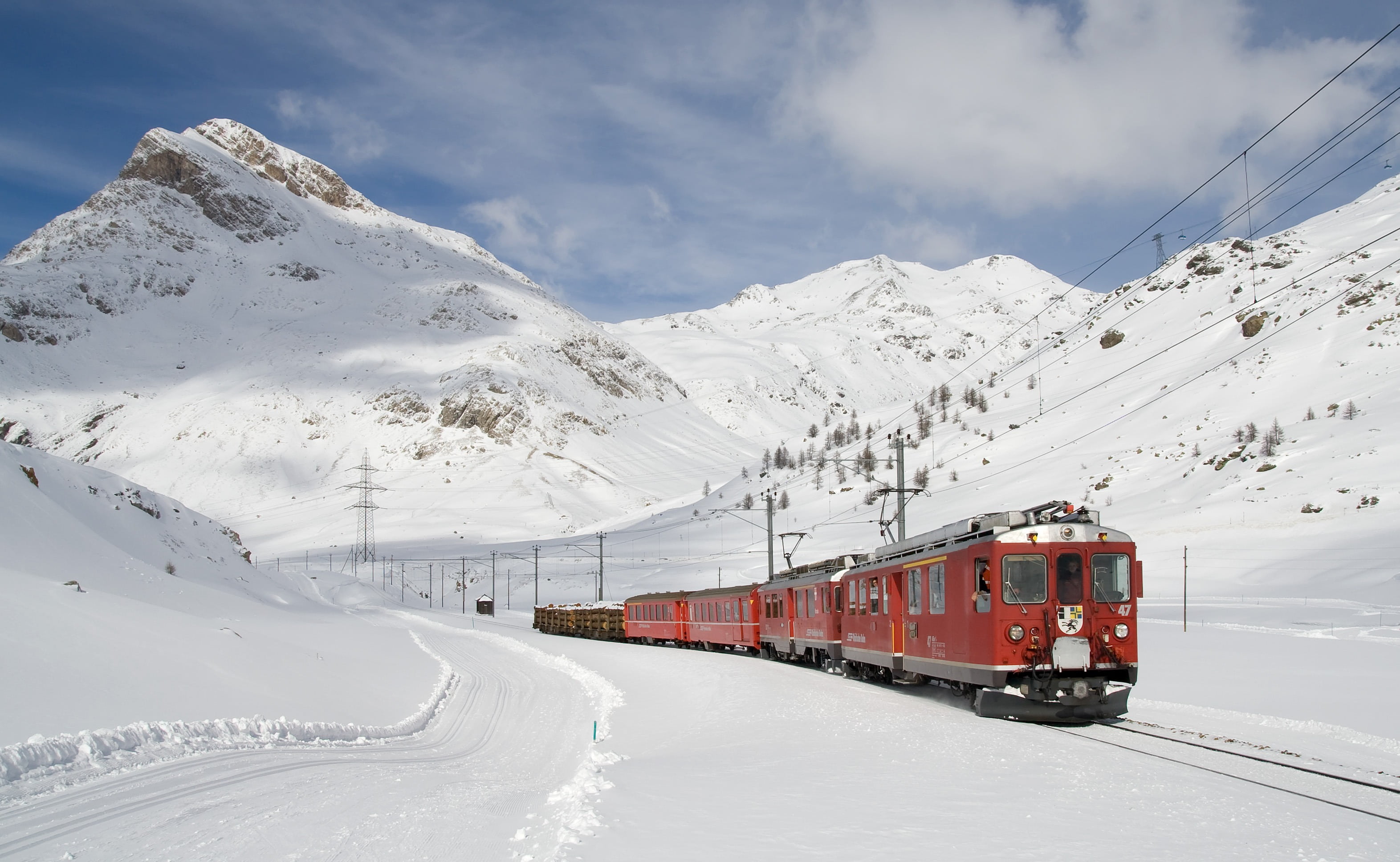 skiing, 2K, outdoors, bernina, track, transport, sky, nature, railway, switzerland, travel, sport, lagalb, locomotive, snow, bernina railway, passenger transport, HD Wallpaper