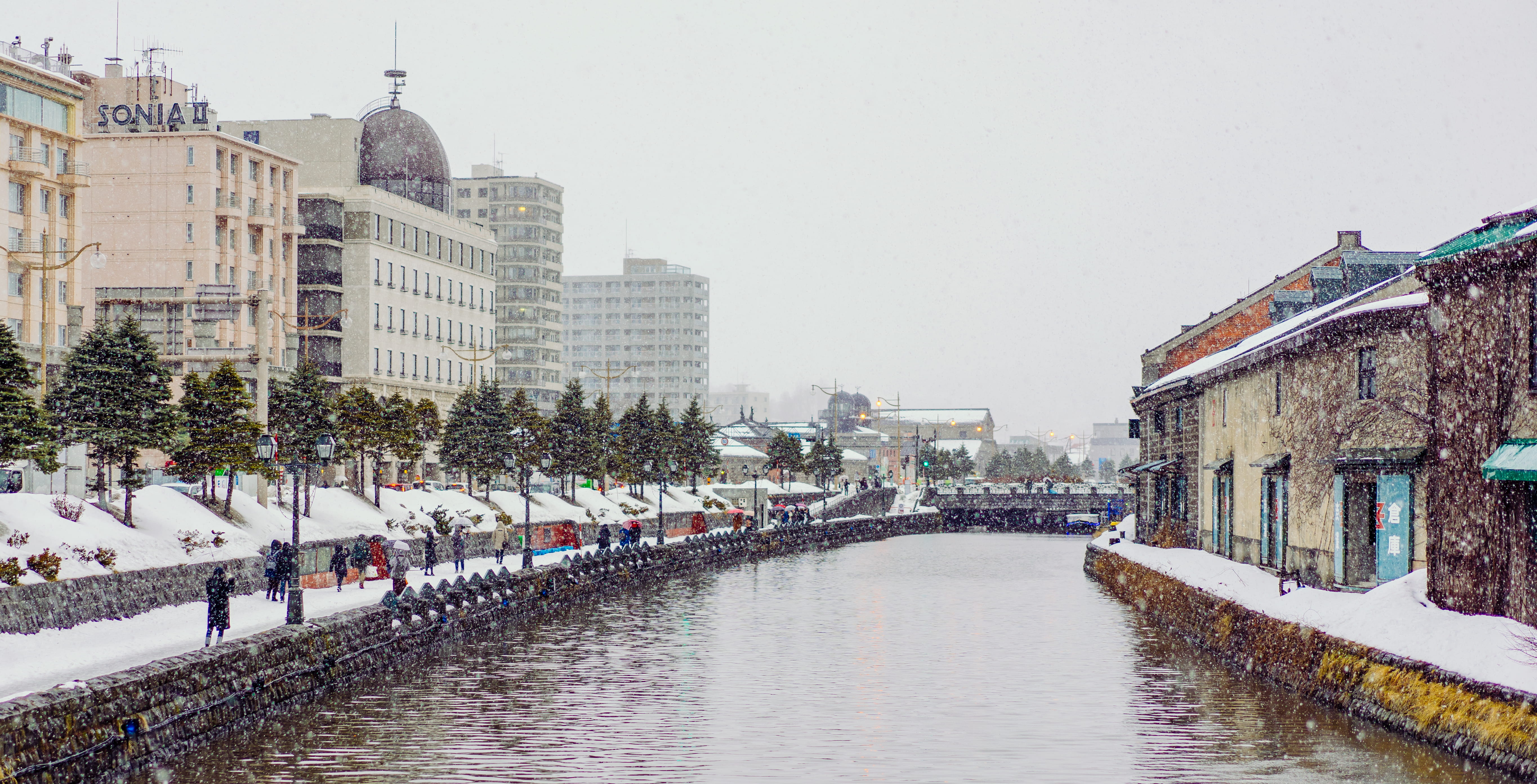 concrete, day, winter, building, water, japan, waterfront, otaru-shi, residential district, built structure, crowd, city, snowing, tree, harbor, person, HD Wallpaper