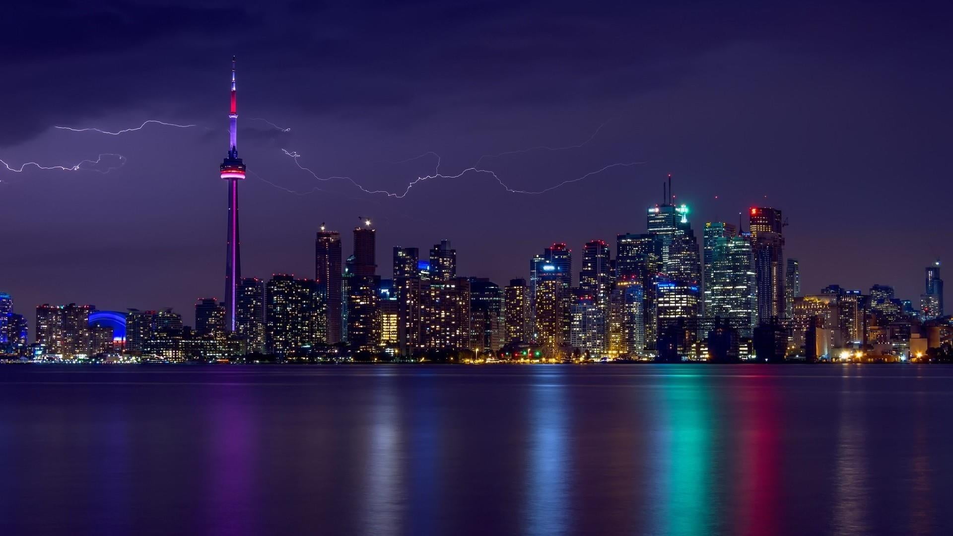 metropolis, toronto, canada, purple, architecture, 1080P, downtown, skyscraper, office building exterior, outdoors, reflection, tower, residential district, HD Wallpaper