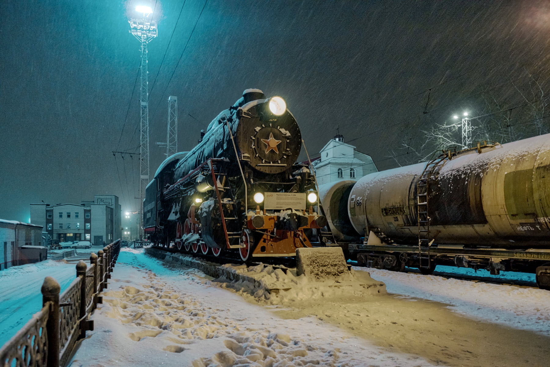 no people, locomotive, illuminated, 720P, train - vehicle, cold temperature, transportation, fuel and power generation, night, train, outdoors, oil industry, HD Wallpaper