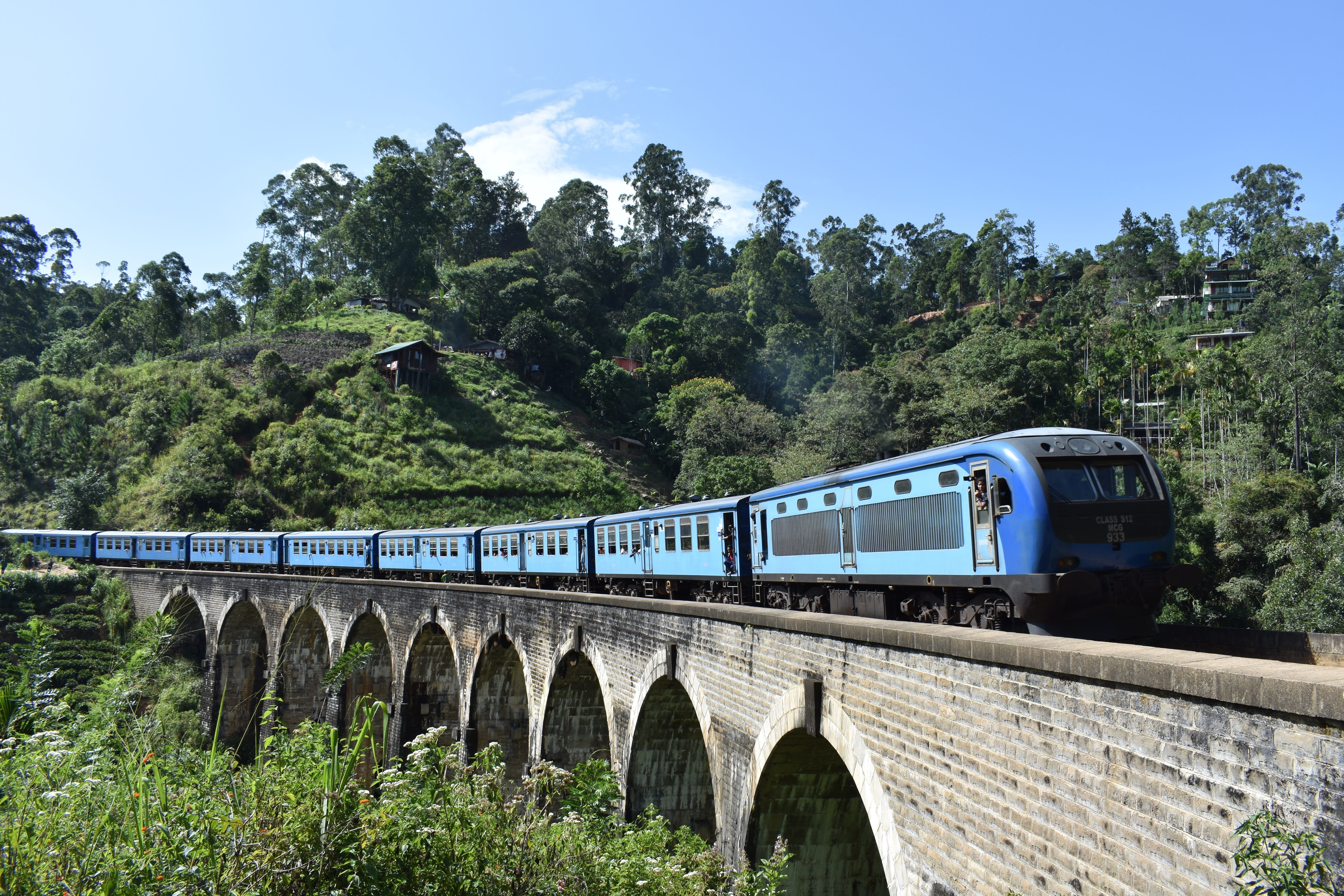 tourism, 5K, train, railway, travel, sri lanka, rail transportation, bridge, tree, steam train, plant, track, bridge - man made structure, passenger train, HD Wallpaper