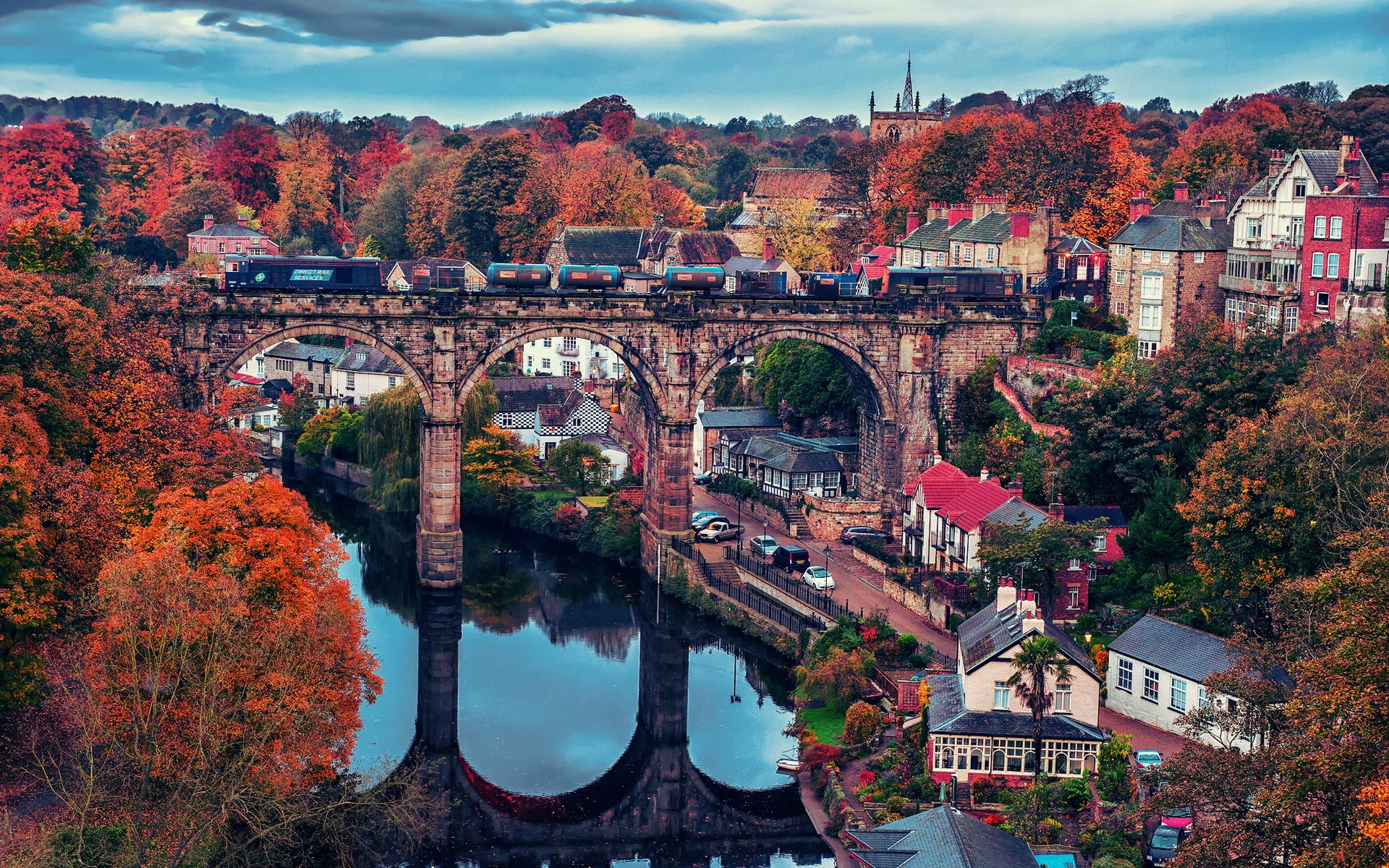 House, Train, River, Trees, Bridge, Beautiful, 1080P, Town, Autumn, HD Wallpaper