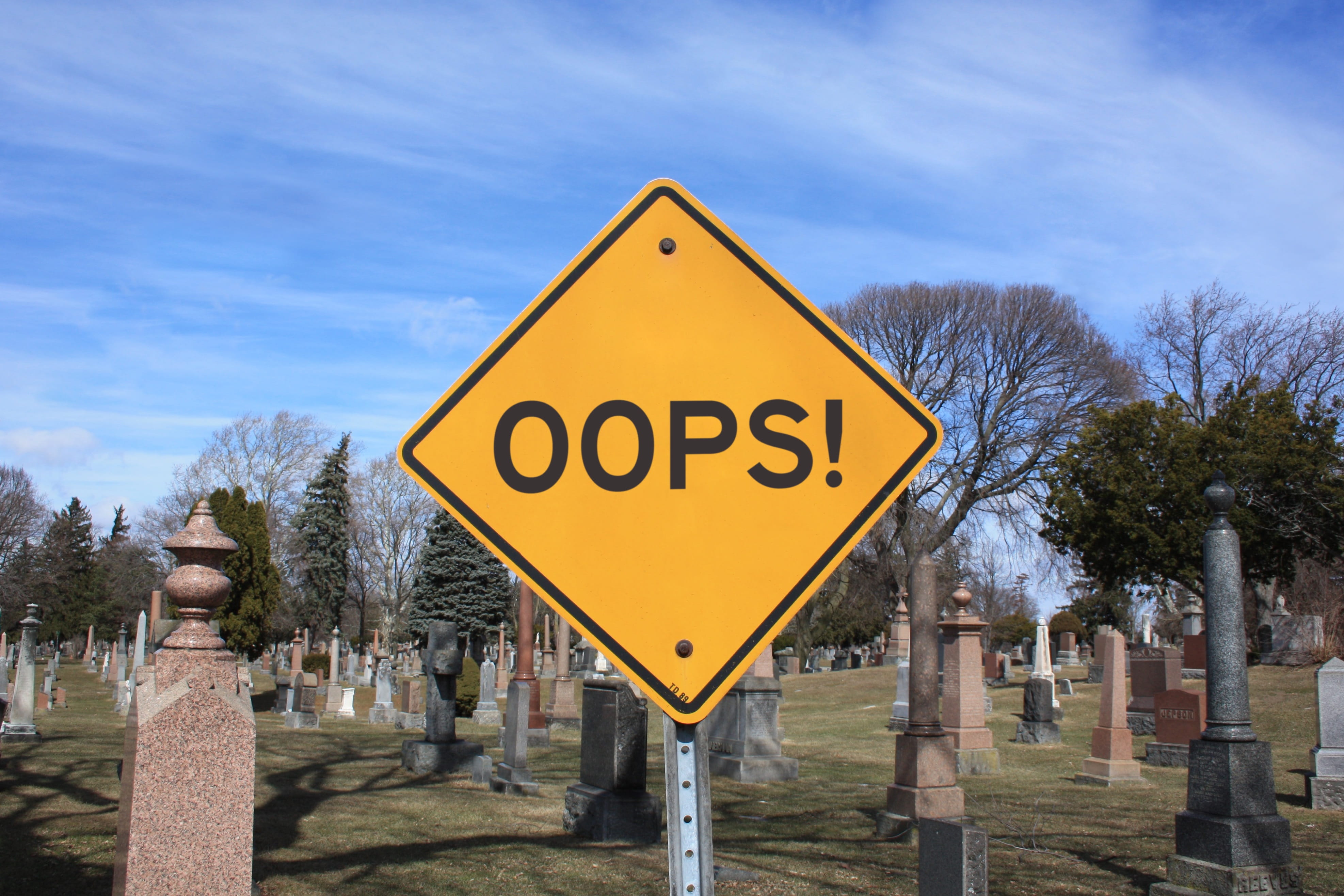 bare tree, plant, yellow, 4K, road, accident, warning sign, western script, road sign, city, caution, symbol, outdoors, cemetery, death, day, nature, oops, HD Wallpaper