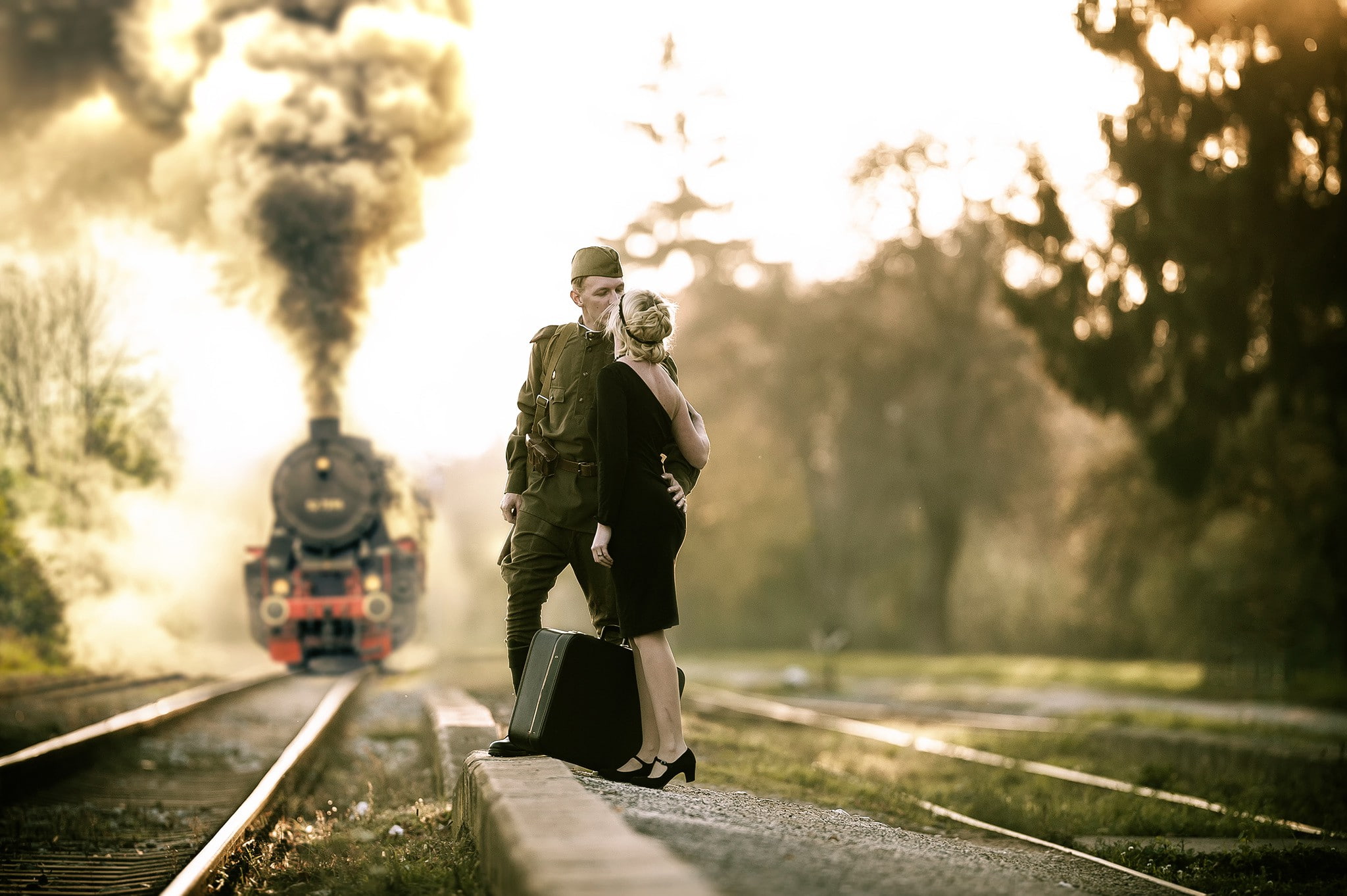 getting, Farewell, garrison cap, 1080P, intimate, woman, shirt, near, train, photo, man, rails, girl, military, HD Wallpaper