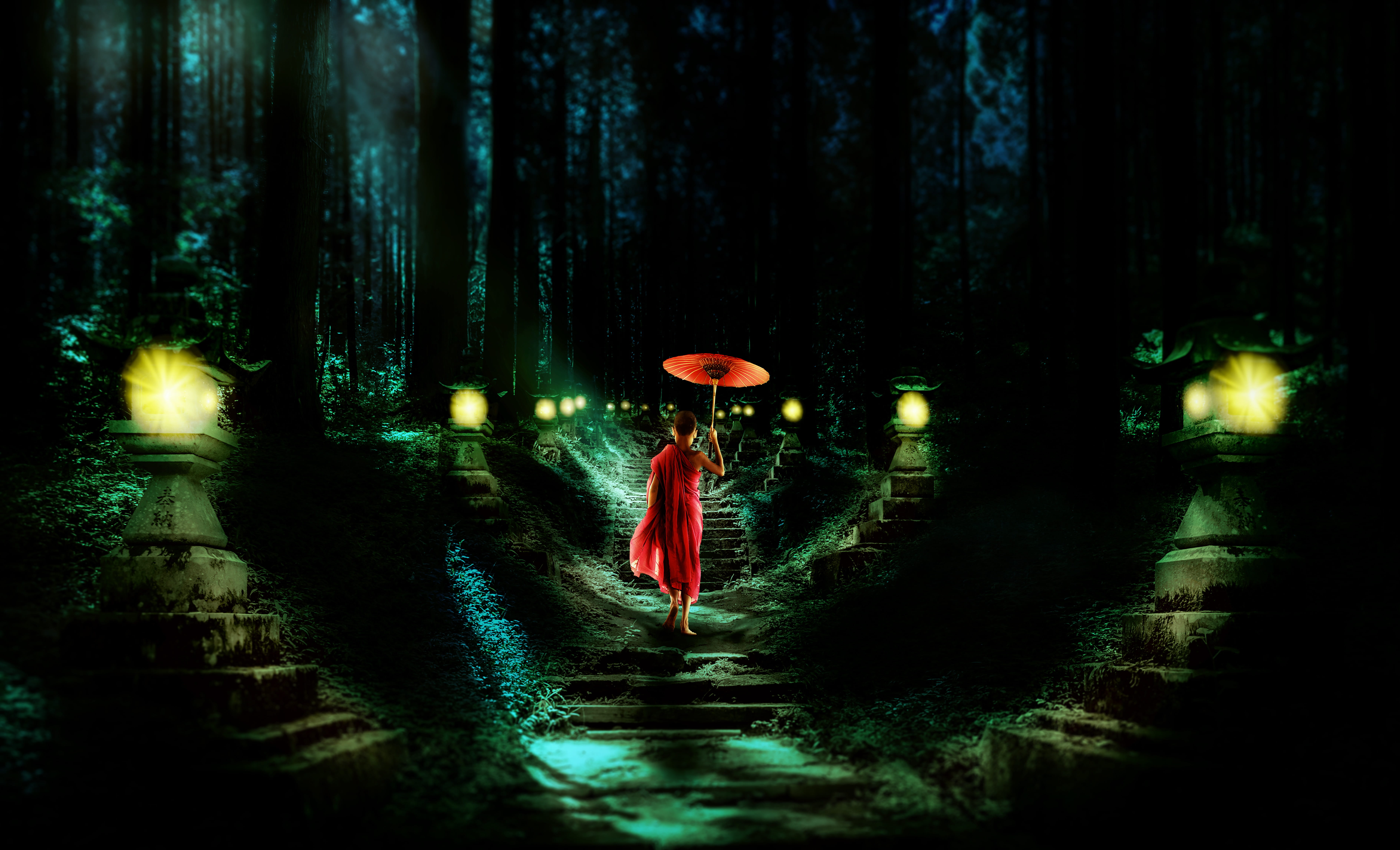 light, bright, stairs, buddhist, lighting equipment, communication, illuminated, farewell, trees, monk, outdoors, forest, gloomy, red, road sign, path, HD Wallpaper