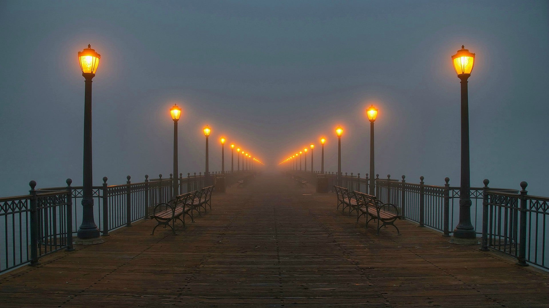 bench, lantern, 1080P, pier, moody, HD Wallpaper