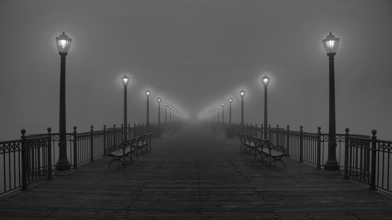 street, monochrome, lantern, 720P, street light, mist, HD Wallpaper
