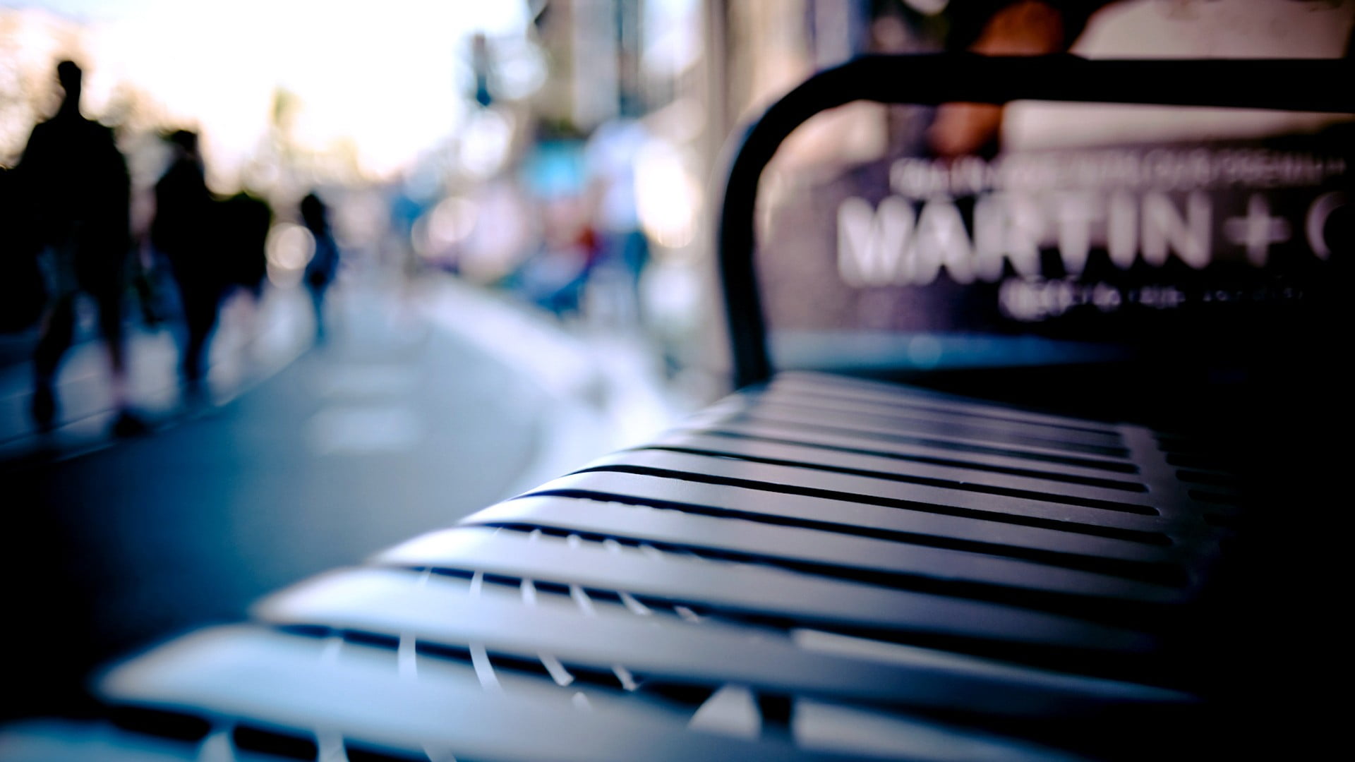absence, architecture, seat, empty, bench, depth of field, cafe, metal, incidental people, city, reflection, restaurant, cityscape, indoors, black, focus on foreground, HD Wallpaper