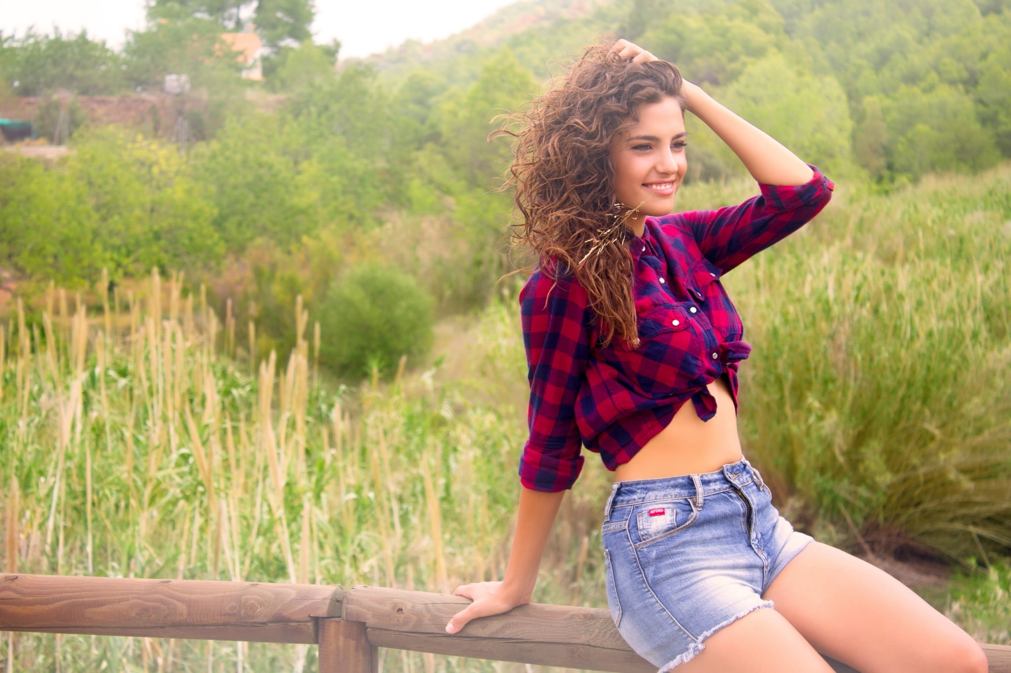 Shirt, outdoors, real people, lifestyles, Smile, sleeved, one person, Denim Shorts, blue, top, Girl, red, day, three quarter length, hair, tree, plant, HD Wallpaper