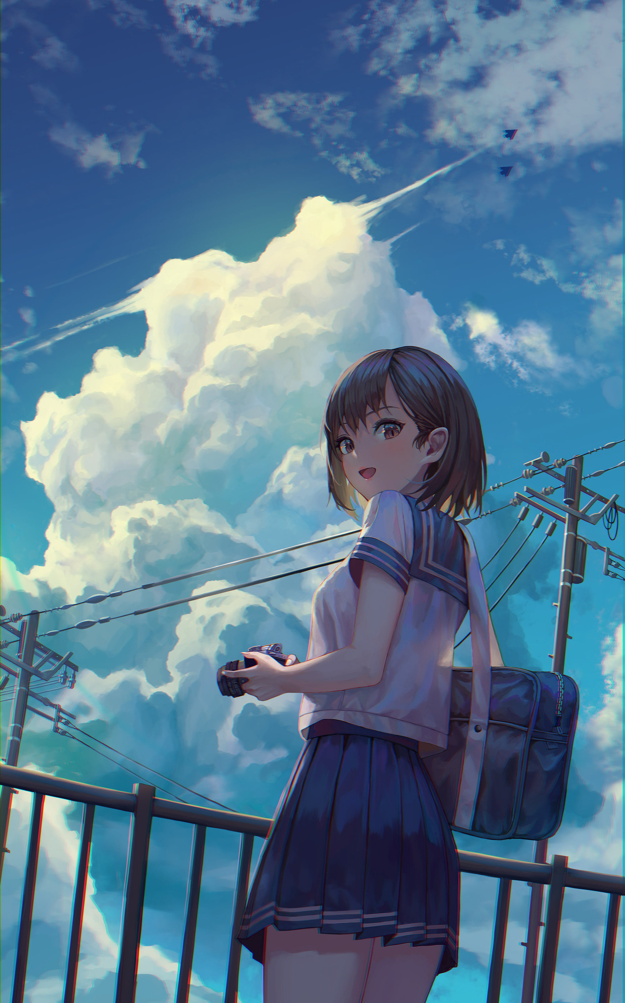 sky, brown eyes, camera, anime, digital art, short hair, city, school uniform, anime girls, 2K, vertical, photographer, open mouth, airplane, portrait display, Phone HD Wallpaper