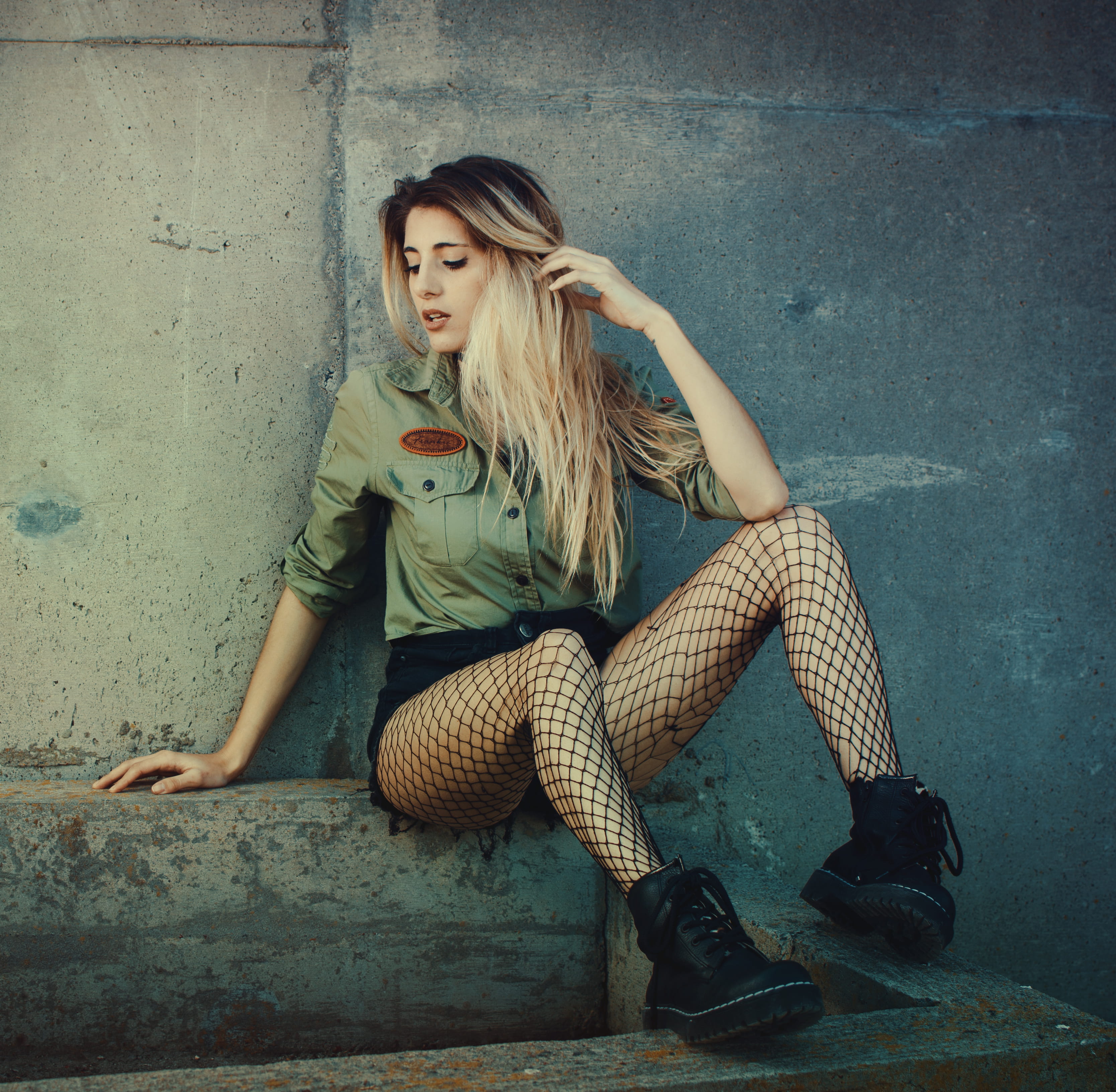 young adult, woman, female, sitting, full length, shirt, photoshoot, button, sleeved, front view, lady, seat, lifestyles, stockings, concrete, contemplation, HD Wallpaper