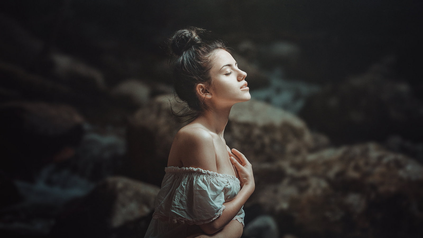 profile view, white tops, looking up, eyes closed, outdoors, portrait, waist up, looking, closed eyes, arms crossed, looking away, one person, focus on foreground, HD Wallpaper