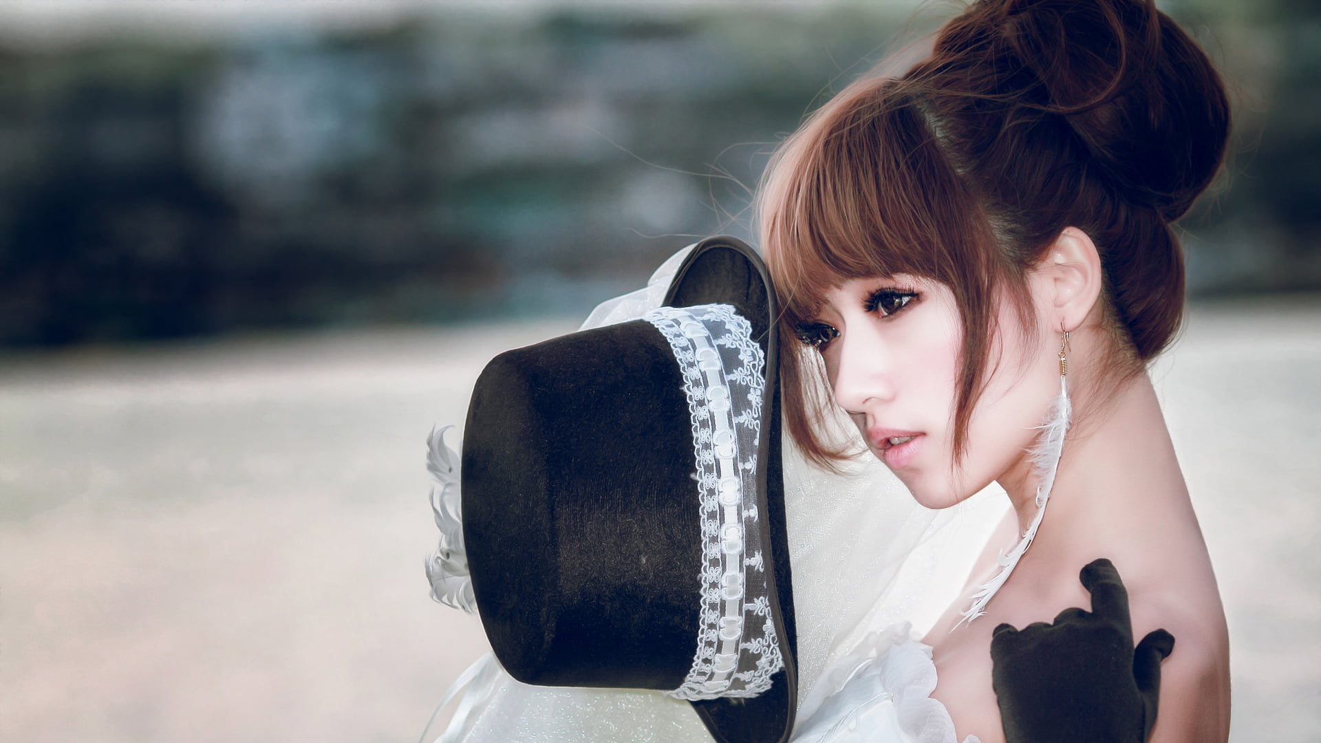 hat, child, front view, brunette, adult, young adult, females, eyeliner, model, outdoors, hairbun, innocence, contemplation, Asian, brown hair, portrait, HD Wallpaper