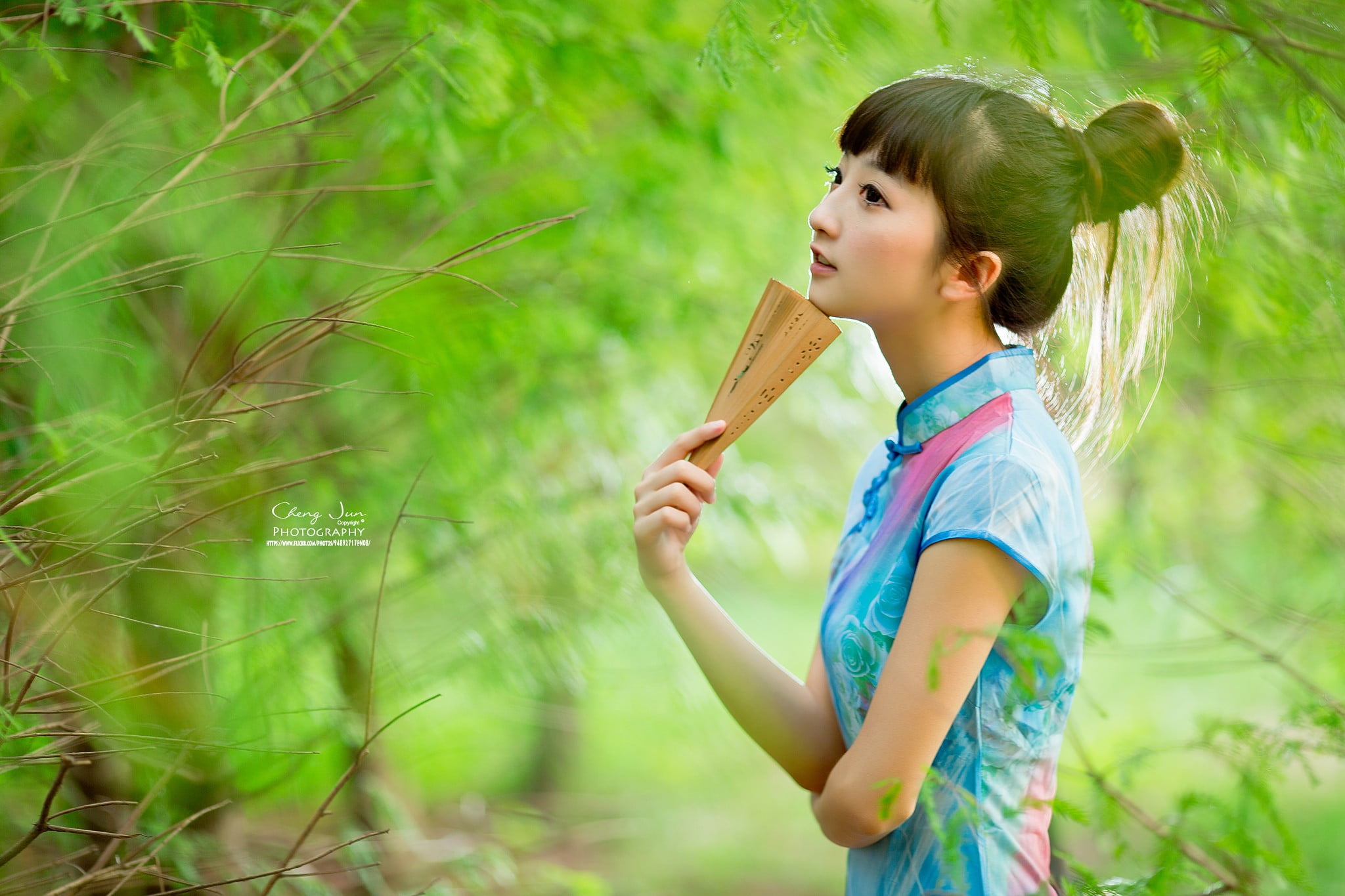 women, innocence, hairbun, girls, offspring, 1080P, blue dress, childhood, holding, land, hairstyle, Asian, green color, females, outdoors, side view, HD Wallpaper