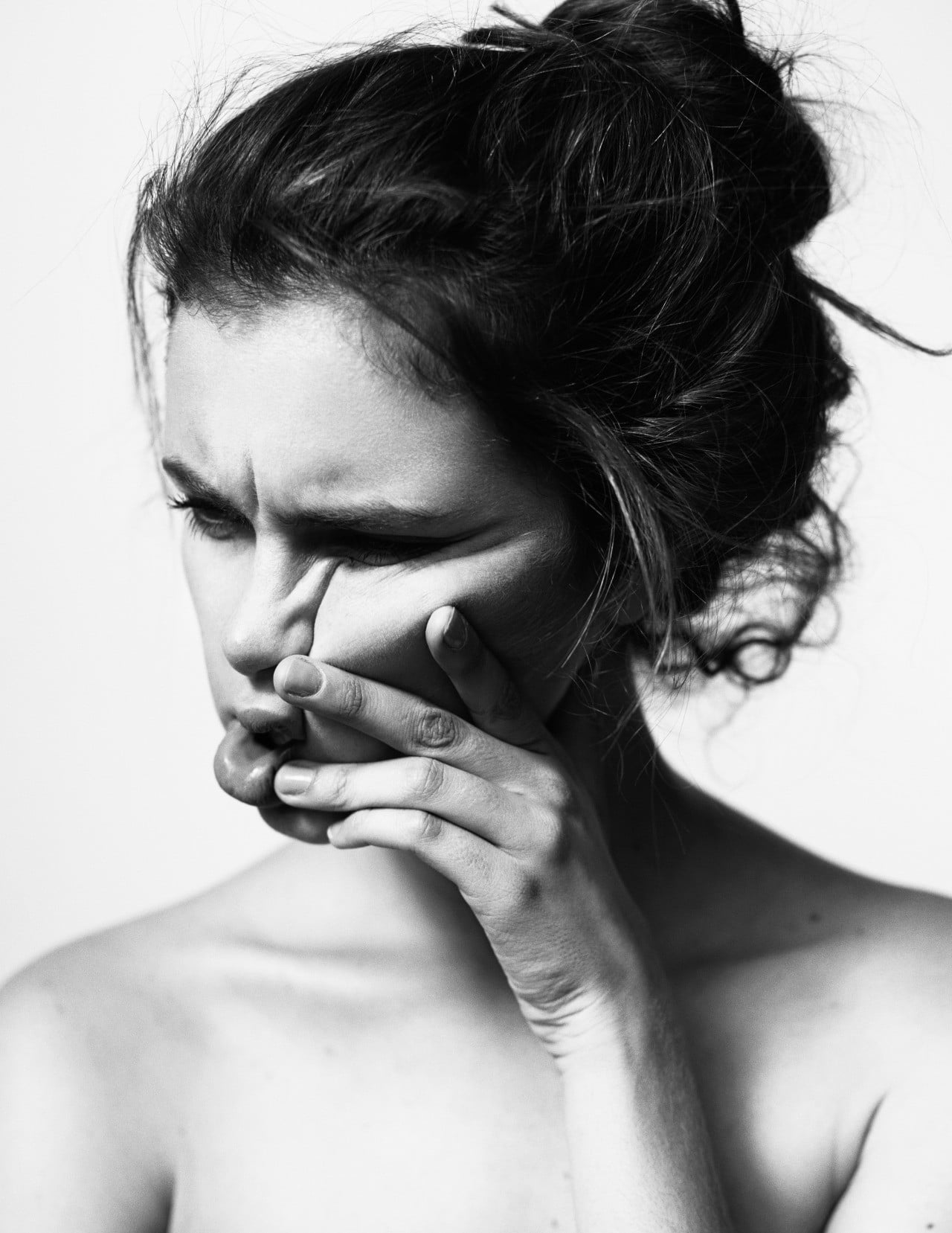hairstyle, beautiful woman, beauty, contemplation, monochrome, haired, semi-dress, black, indoors, face, human face, adult, shirtless, portrait, women, Phone HD Wallpaper