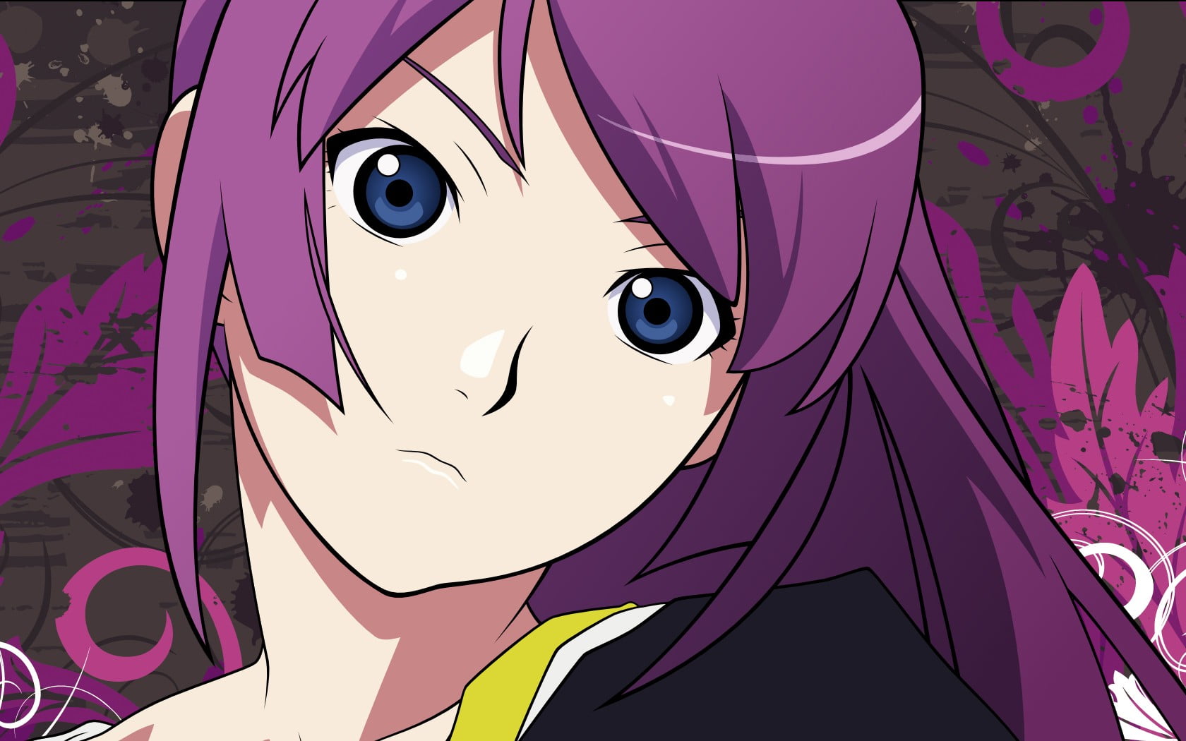 close-up, Senjougahara Hitagi, haired, human body part, indoors, day, headshot, anime, pink color, portrait, human face, creativity, 720P, people, purple, HD Wallpaper
