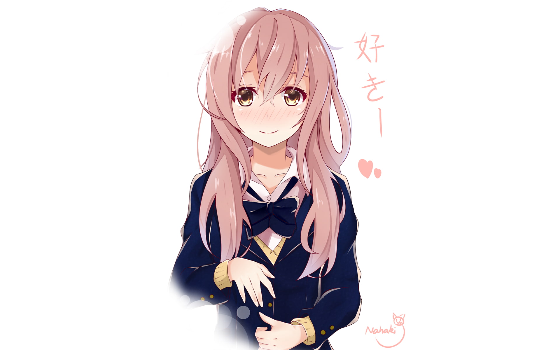 obscured face, copy space, blond hair, front view, 1080P, hairstyle, anime girls, young adult, white background, representation, standing, looking at camera, HD Wallpaper