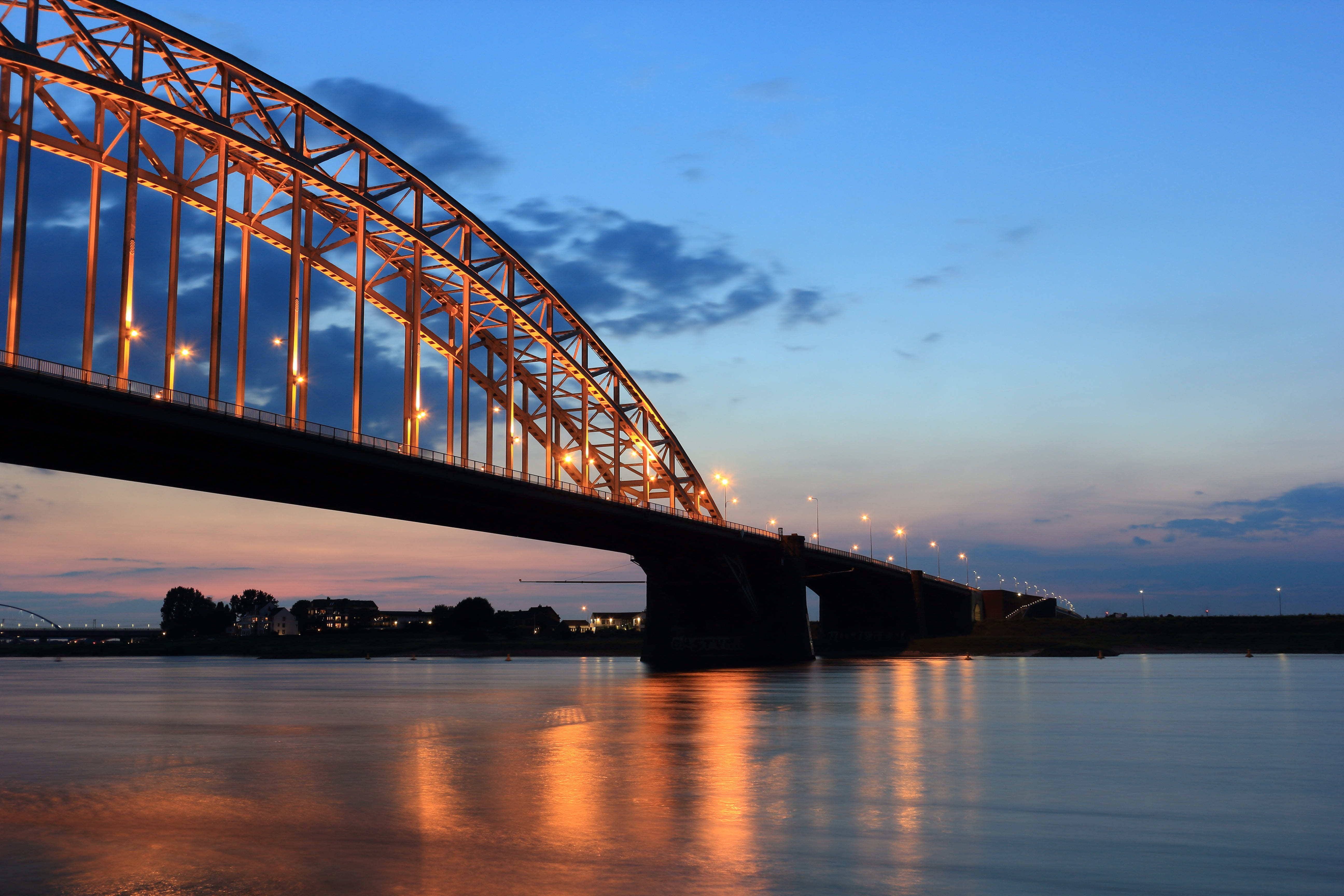 waterfront, 5K, steel, holland, water, nature, waalbrug, sunset, transportation, construction, engineering, arch bridge, dusk, traffic bridge, sky, cloud - sky, HD Wallpaper