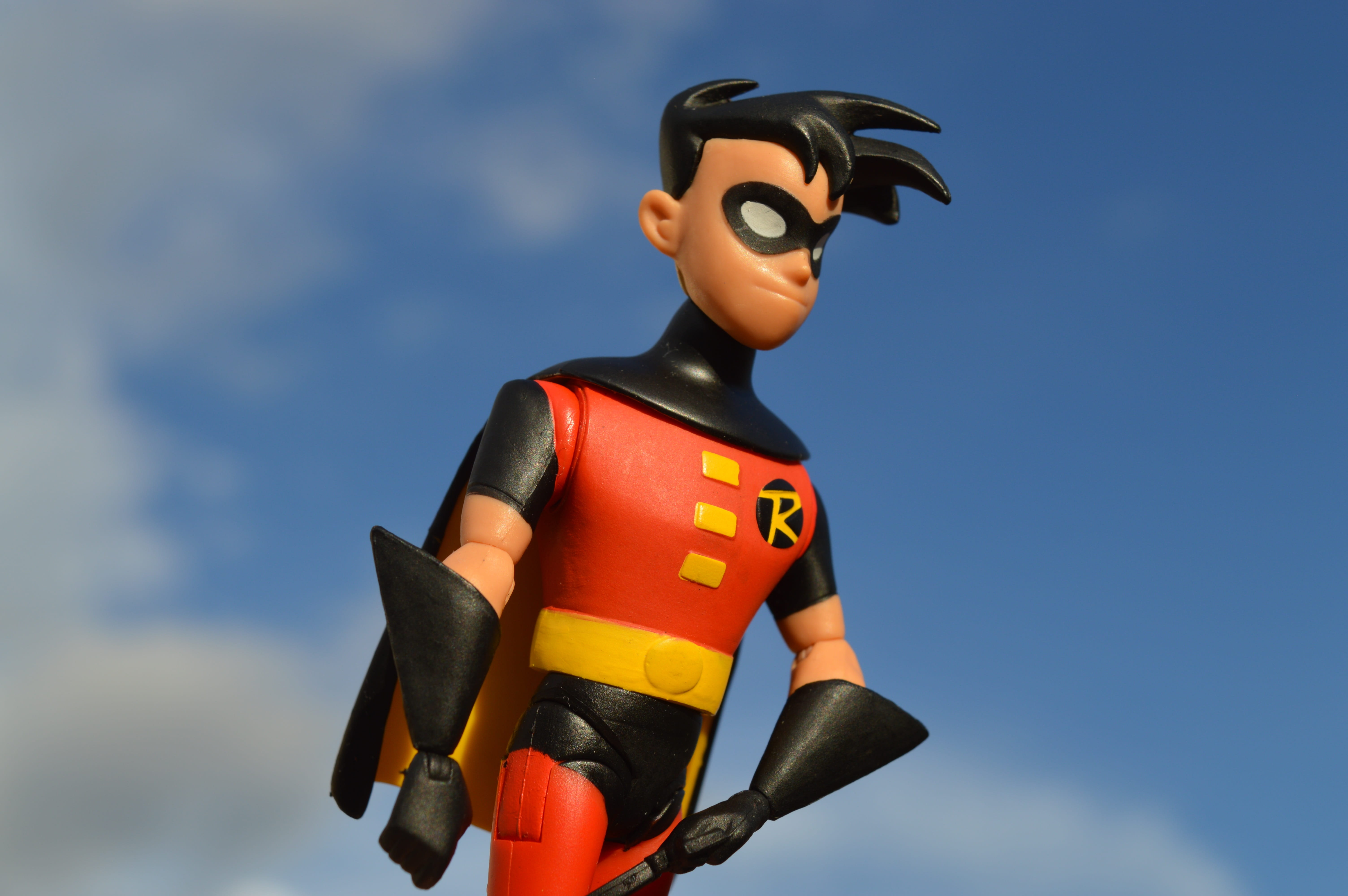 action, cloud - sky, Robin, outdoors, one person, sky, representation, 5K, action figure, low angle view, human representation, one man only, protection, HD Wallpaper