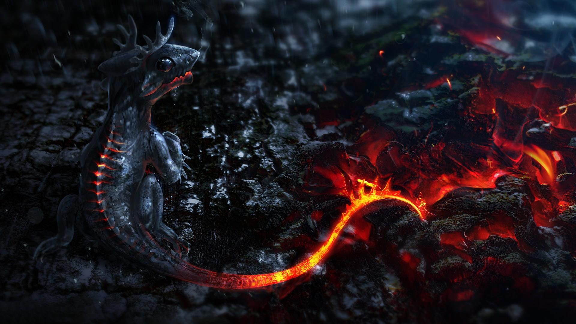 fire dragon, ember, fantasy art, baby dragon, dragon baby, dragon, fantasy, fire, 1080P, HD Wallpaper
