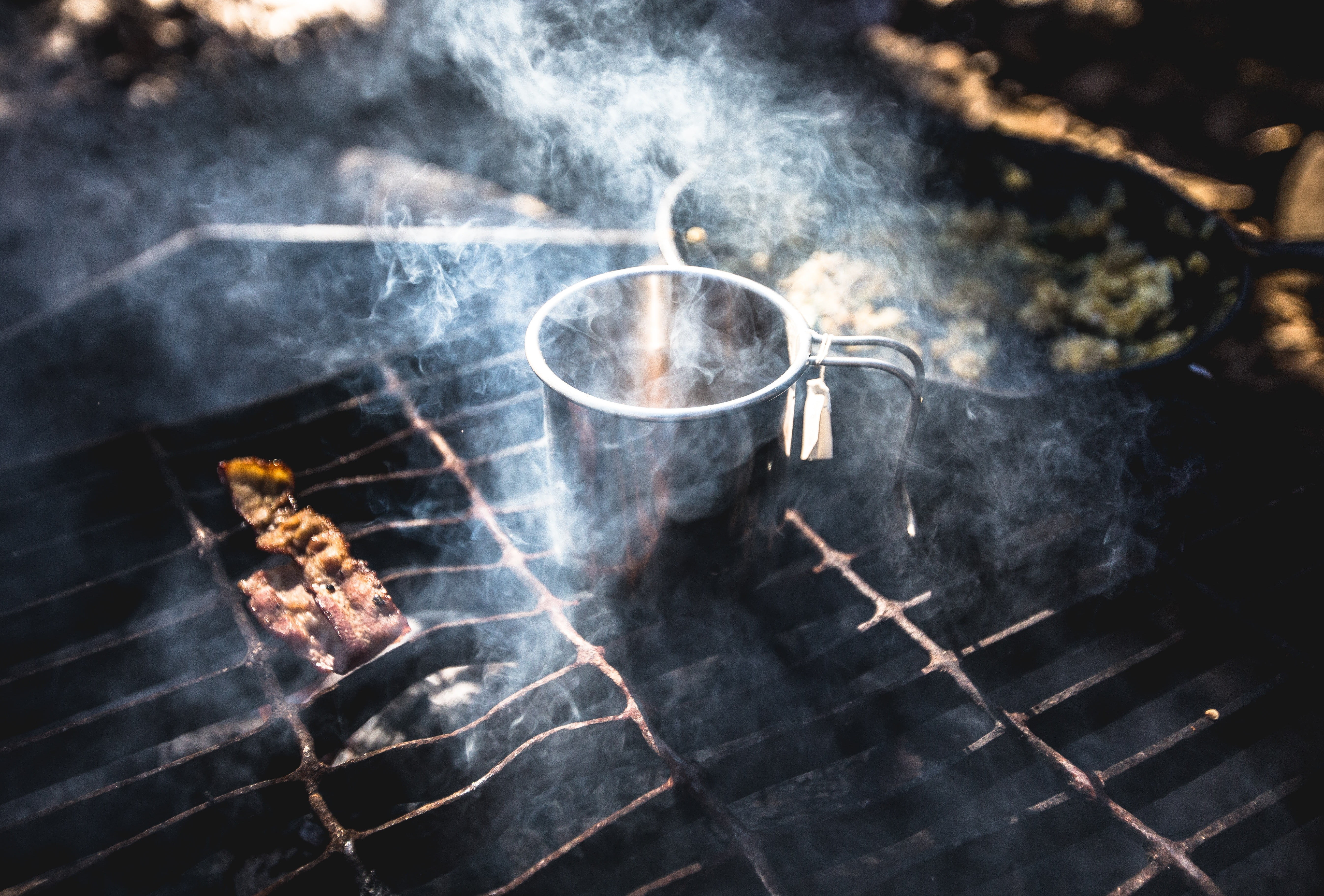 outdoors, heat - temperature, fire, mist, burning, top, day, food, focus on foreground, selective focus, flame, preparing food, cup, smoke, camping, grill, HD Wallpaper
