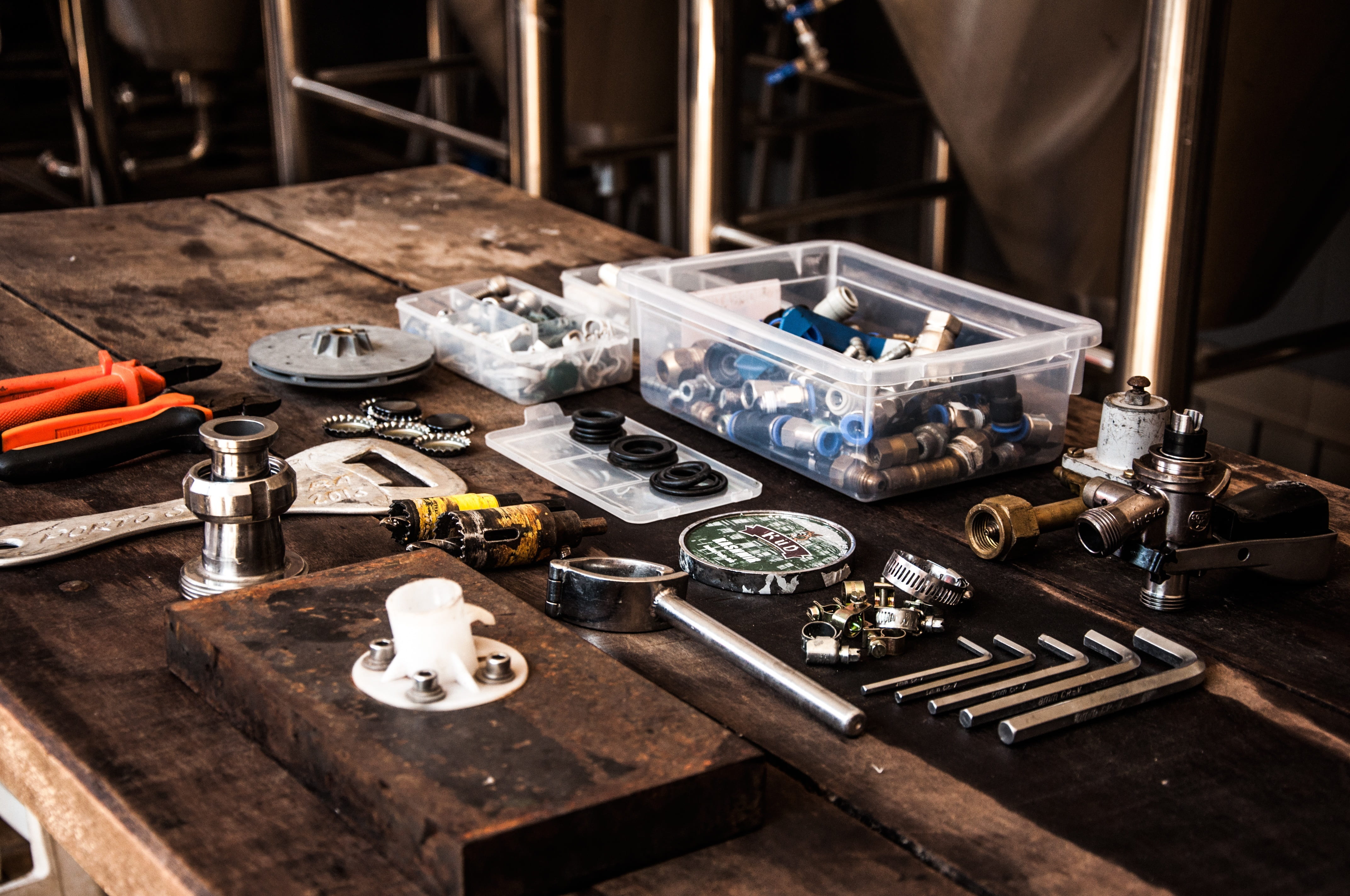 indoors, assorted, silver colored, large group of objects, industry, hand tool, equipment, occupation, work tool, workshop, thread, table, machinery, wood - material, HD Wallpaper