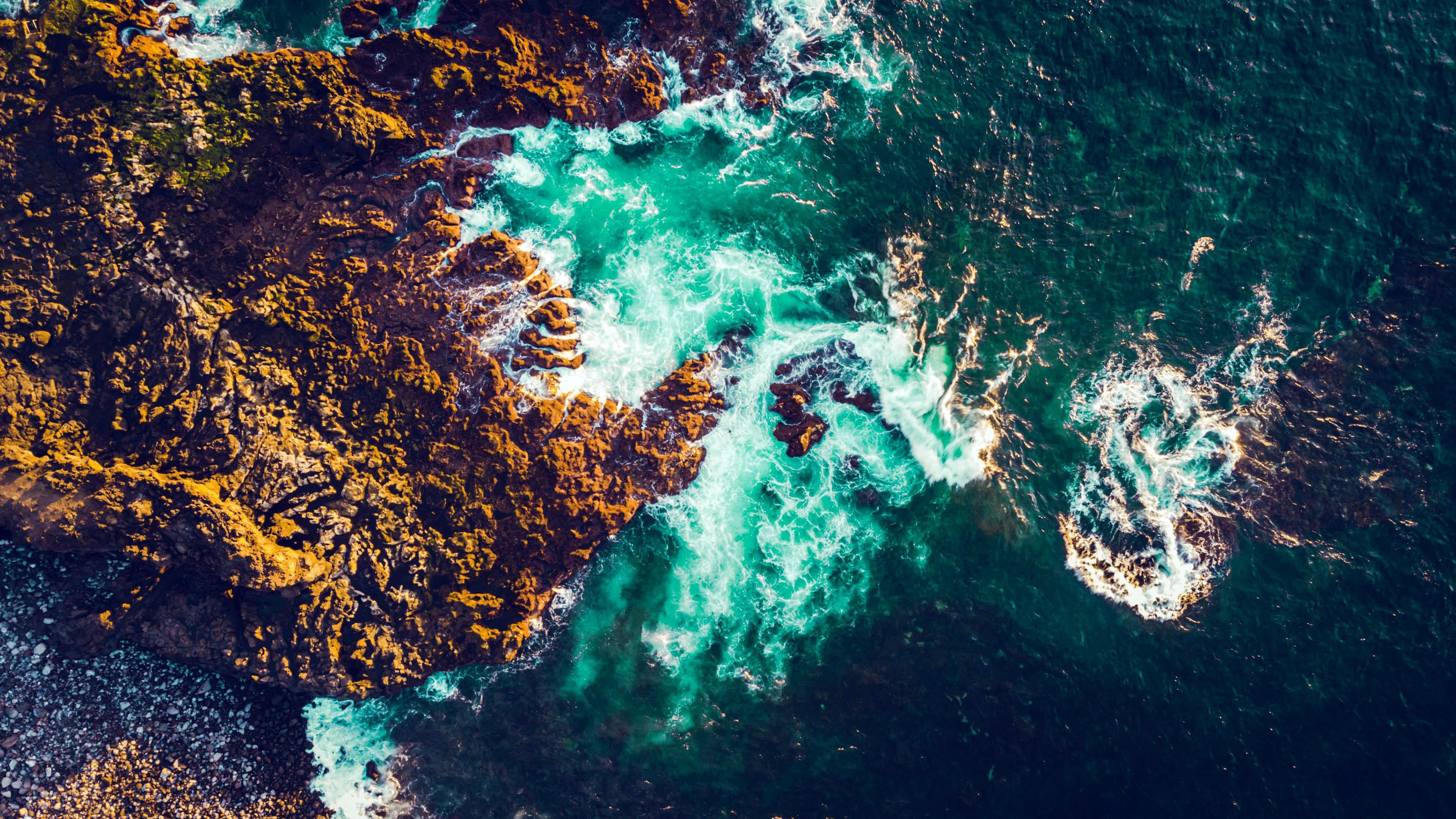waves, 4K, water, drone photo, aerial, nature, coast, rocks, HD Wallpaper