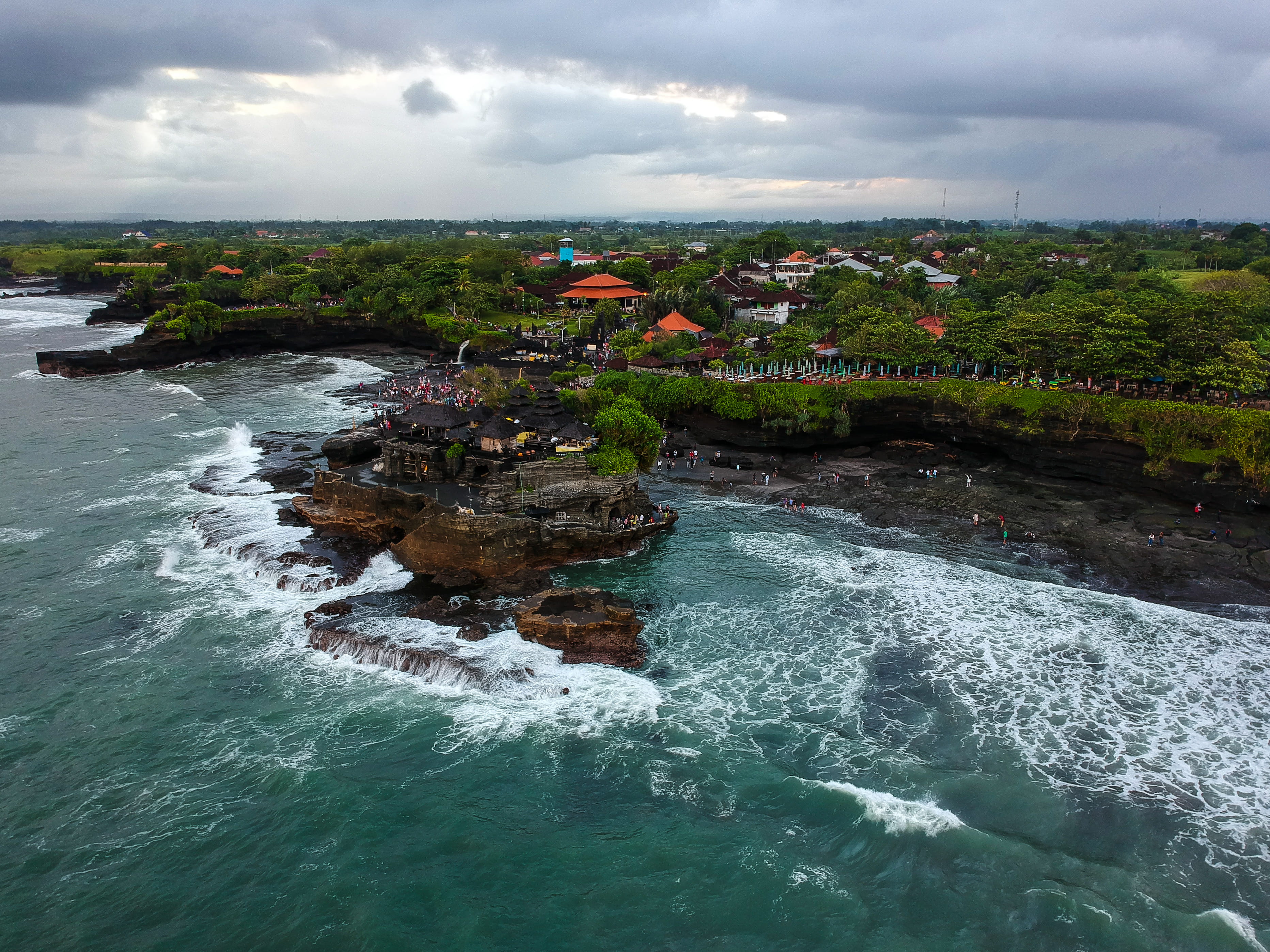 eye view, scenics - nature, fly drone, no people, tanah lot, day, 2K, temlple, drone, rock - object, cloud - sky, sky, plant, indonesia, outdoors, water, HD Wallpaper