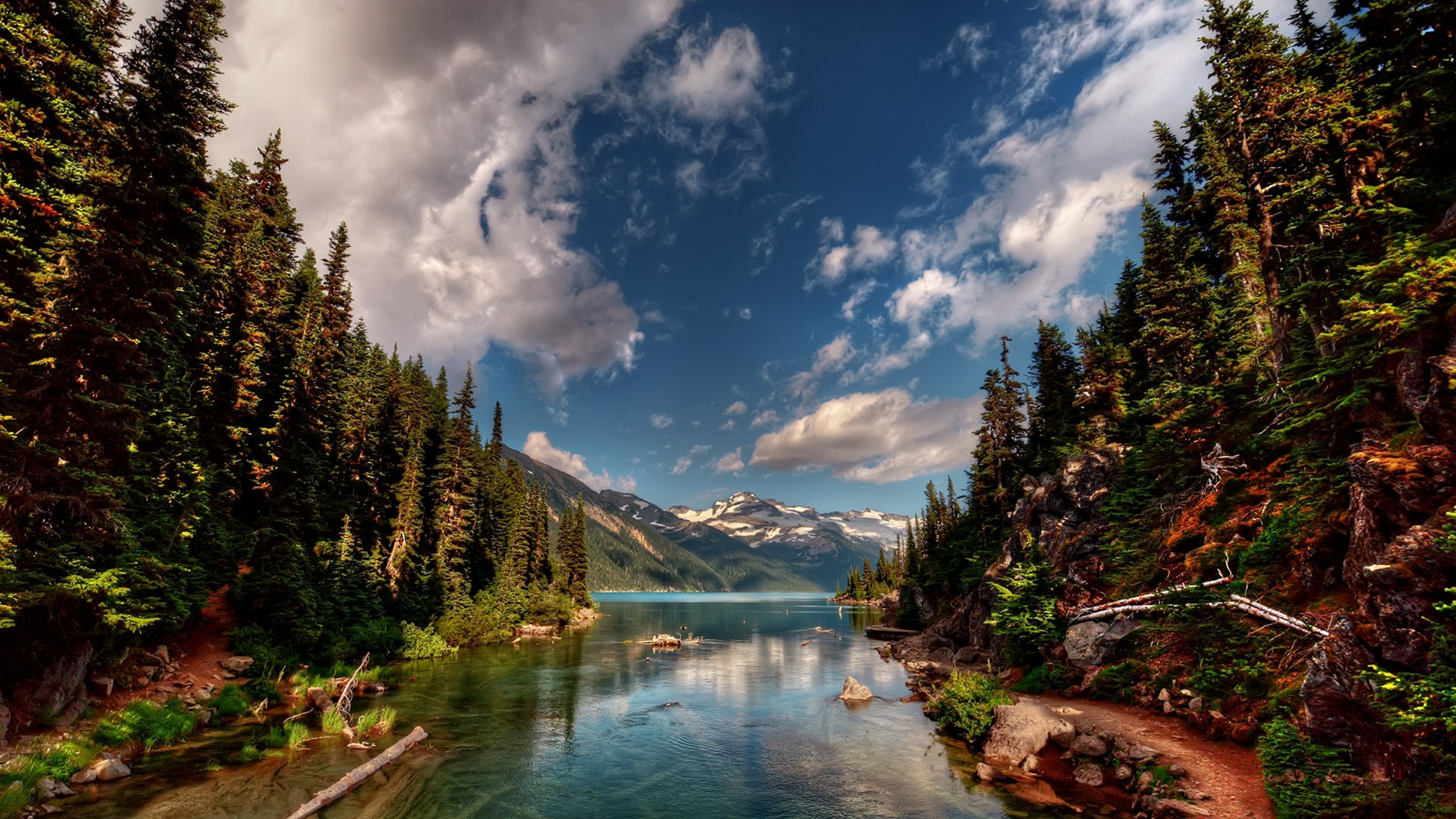 garibaldi lake, tree, 4K, alpine lake, wilderness, lake, british columbia, mountain, cloud, mountain lake, canada, sky, garibaldi provincial park, reflection, HD Wallpaper