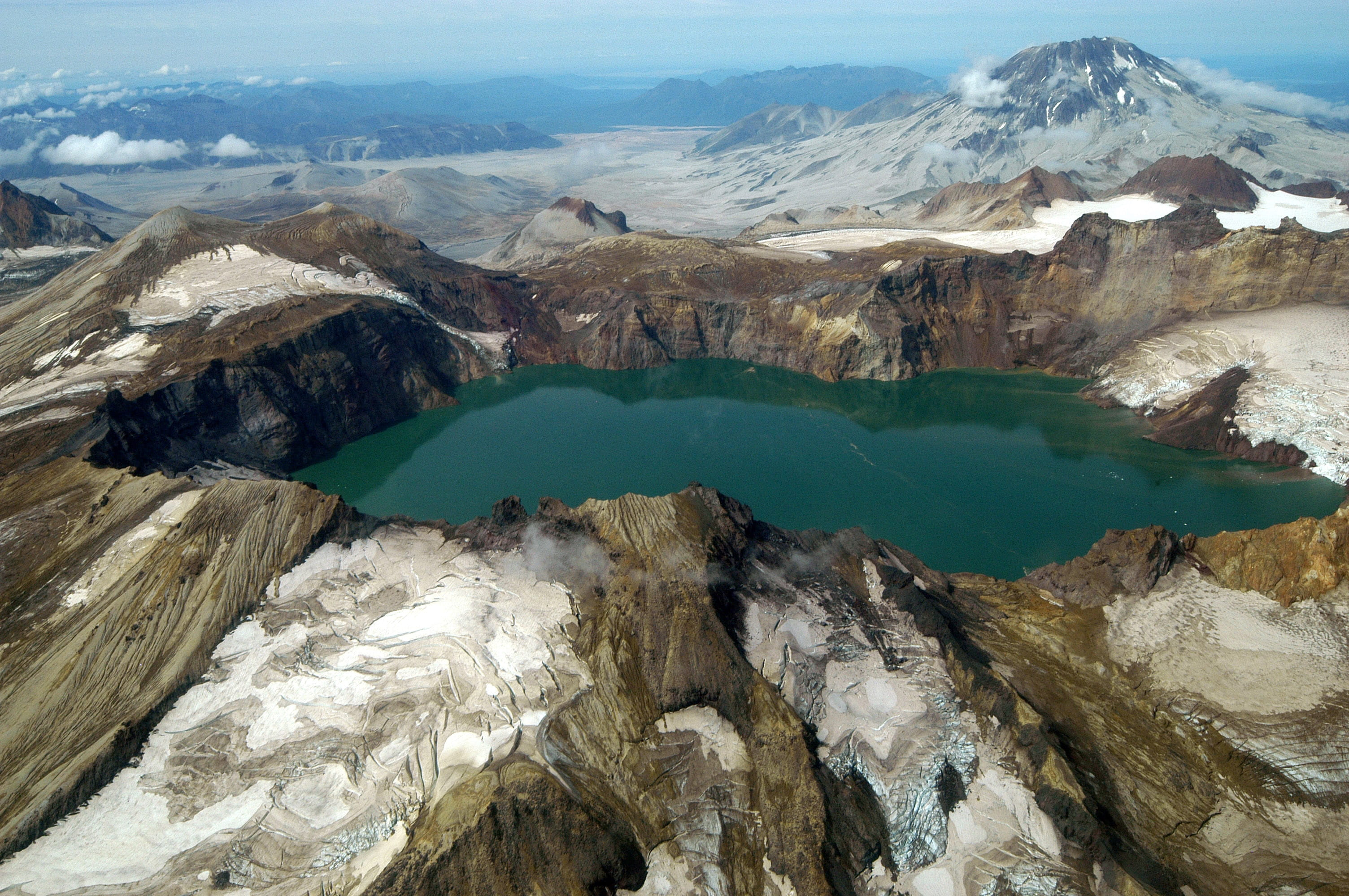 public domain, mountain, 2K, katmai calder, outdoors, mountain peak, katmai, landscape, volcano, high angle view, turquoise colored, tranquil scene, lake, HD Wallpaper