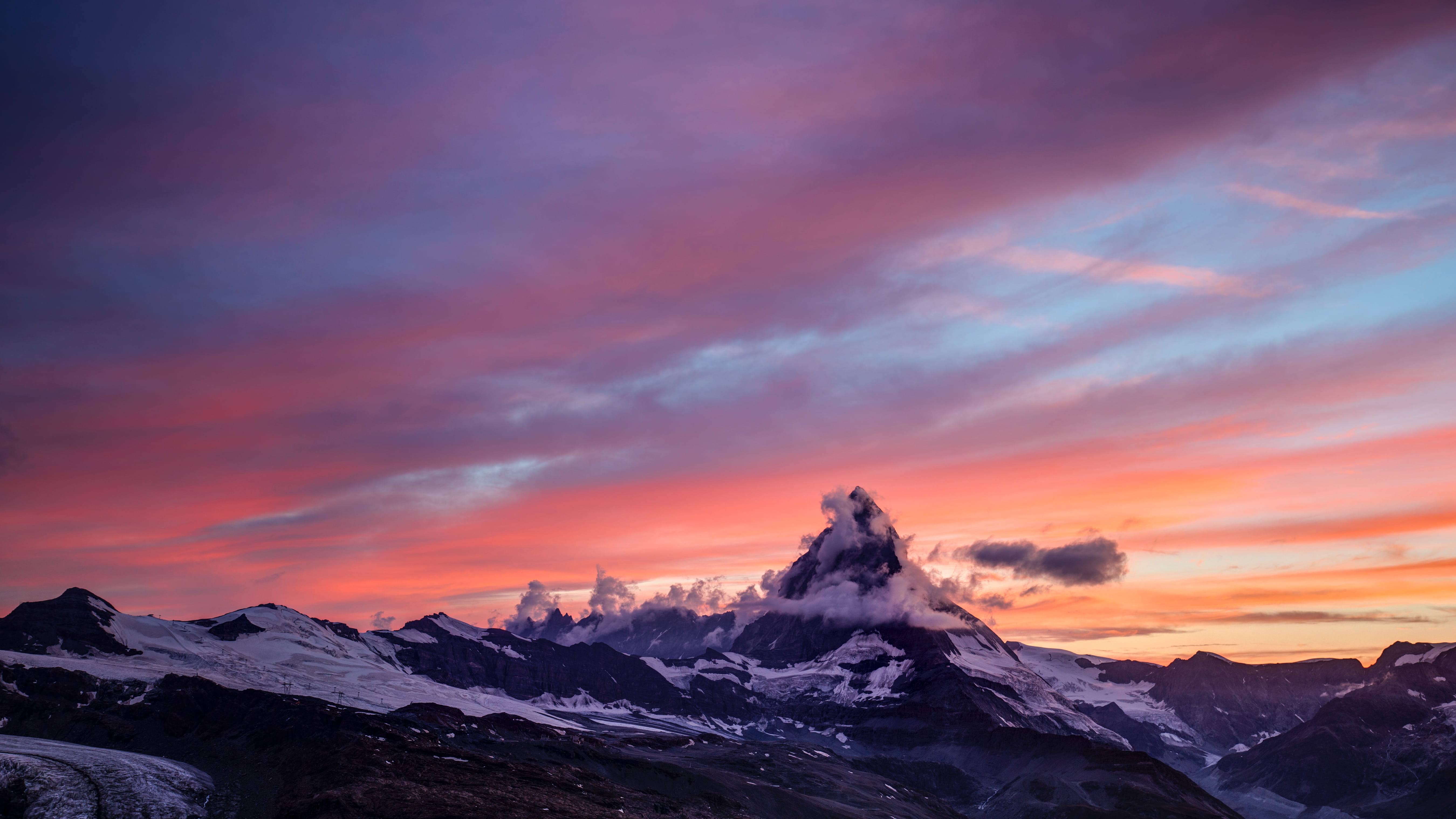 clouds, no people, nature, dusk, travel destinations, environment, sky, 5K, snowcapped mountain, fog, sunset, pink color, dramatic sky, outdoors, sun, HD Wallpaper