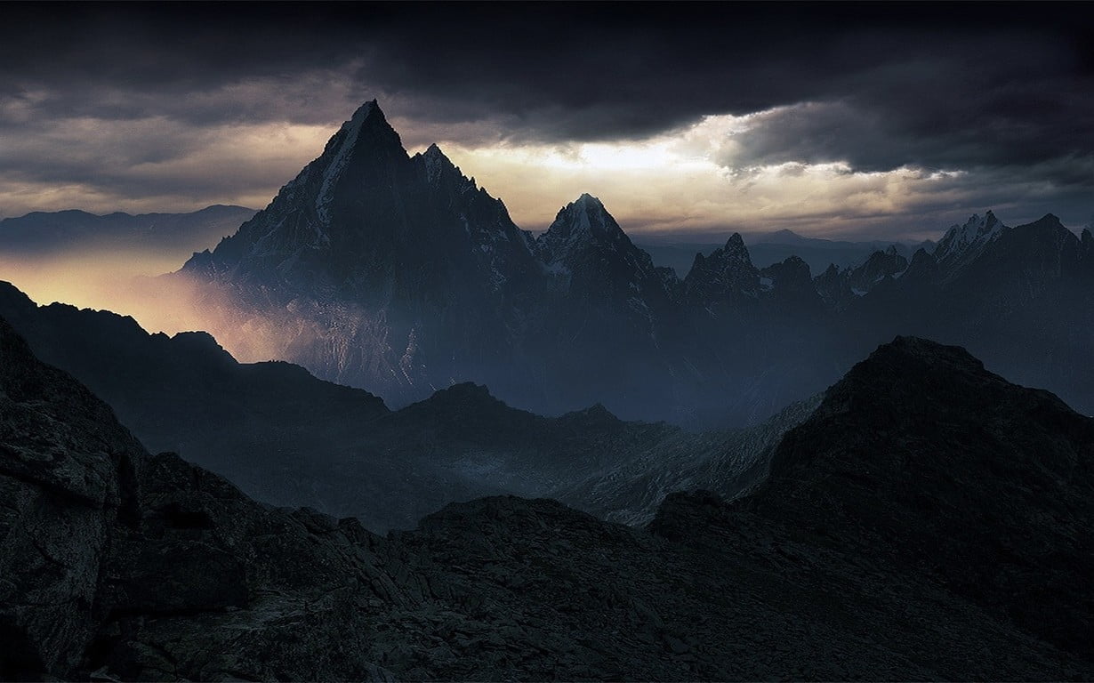 fog, solid, clouds, mountain, rock, no people, mountains, mist, environment, landscape, nature, summit, sunset, tranquil scene, mountain range, brown, cloud - sky, HD Wallpaper