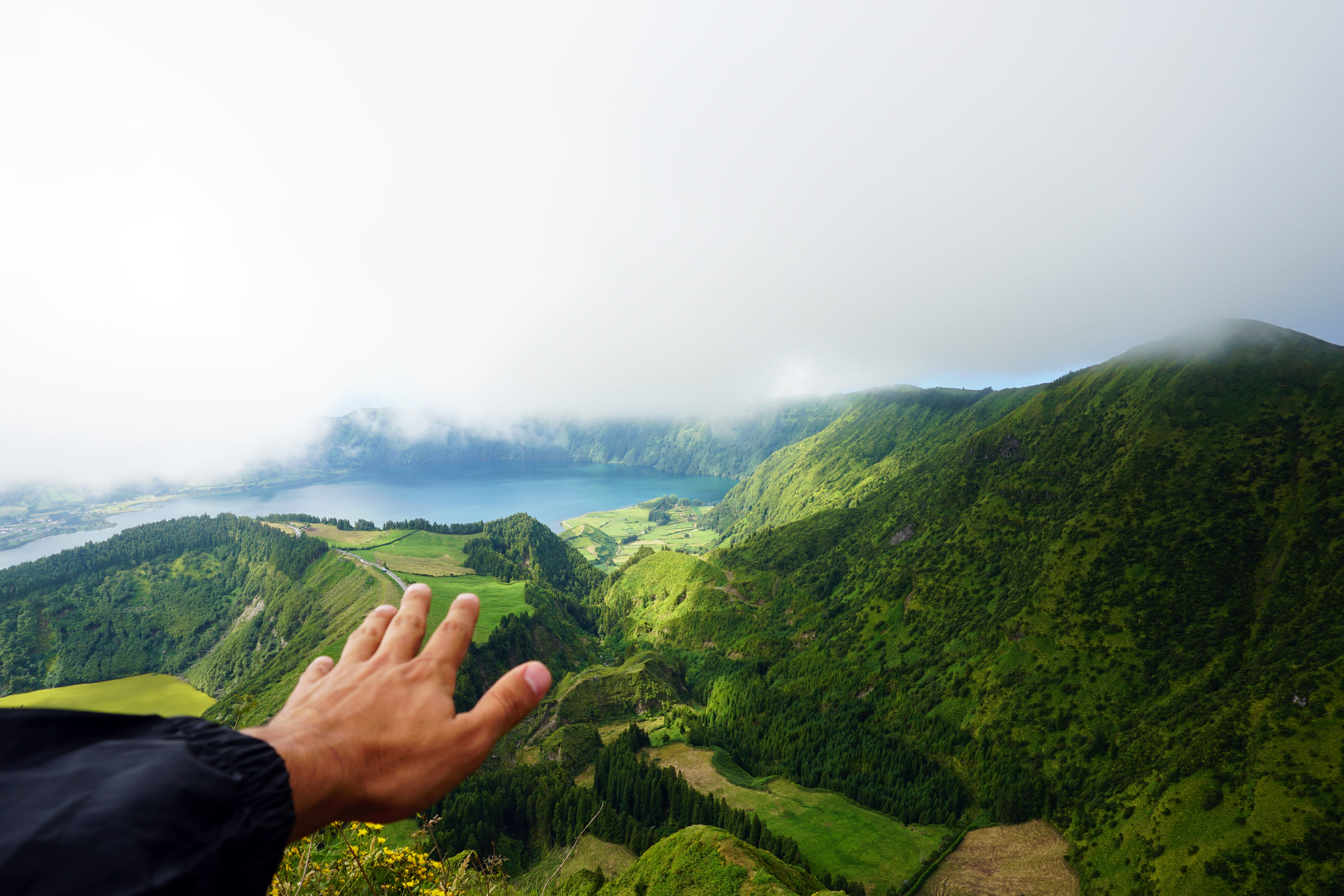 portugal, body part, view, backpacking, outdoors, day, tranquil scene, leisure activity, mountain range, lake, tranquility, lagoa das sete cidades, real people, HD Wallpaper