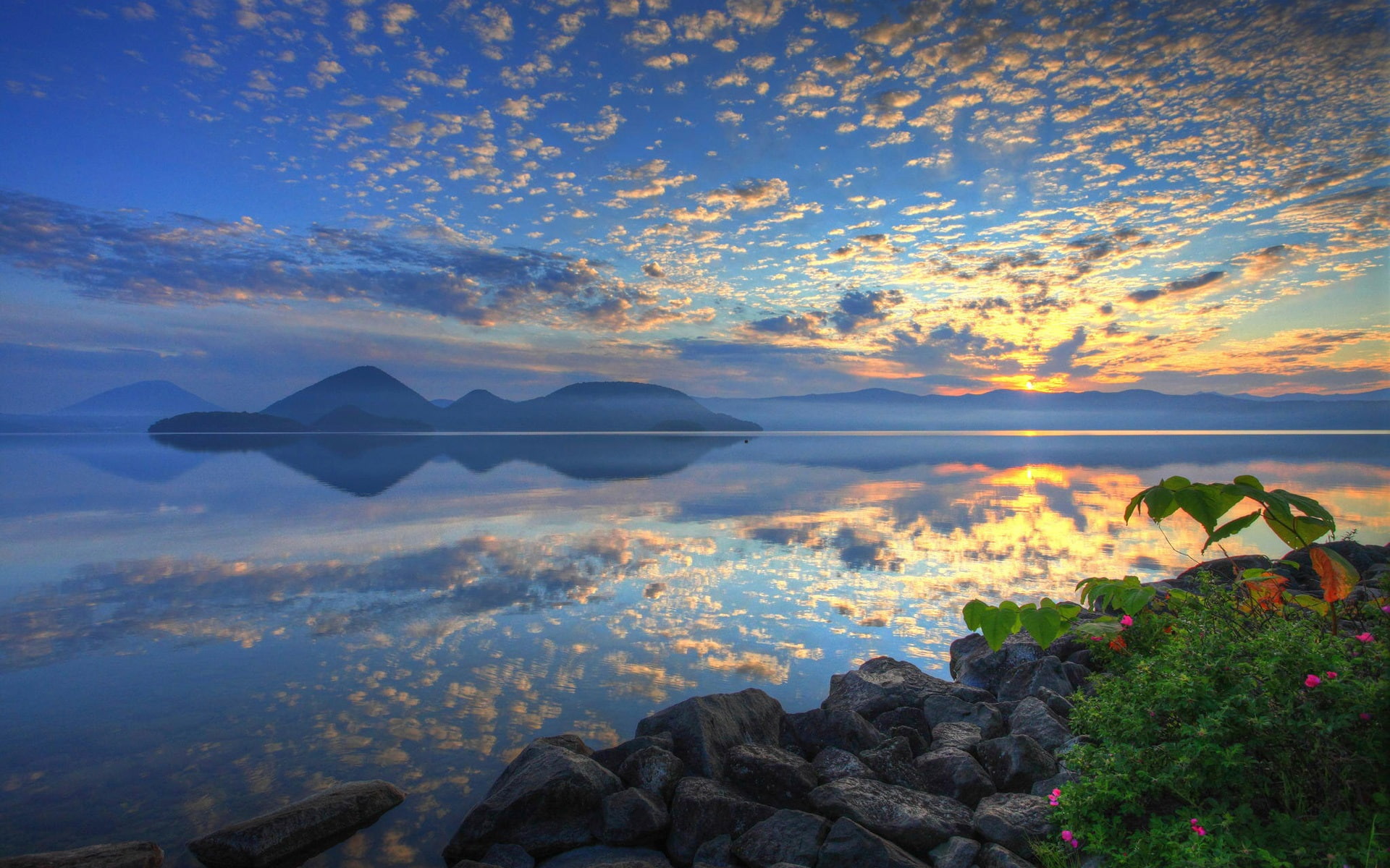 Lake, Japan, yellow, Sunrise, blue, sky, Hokkaido, 1080P, Toya, Clouds, HD Wallpaper