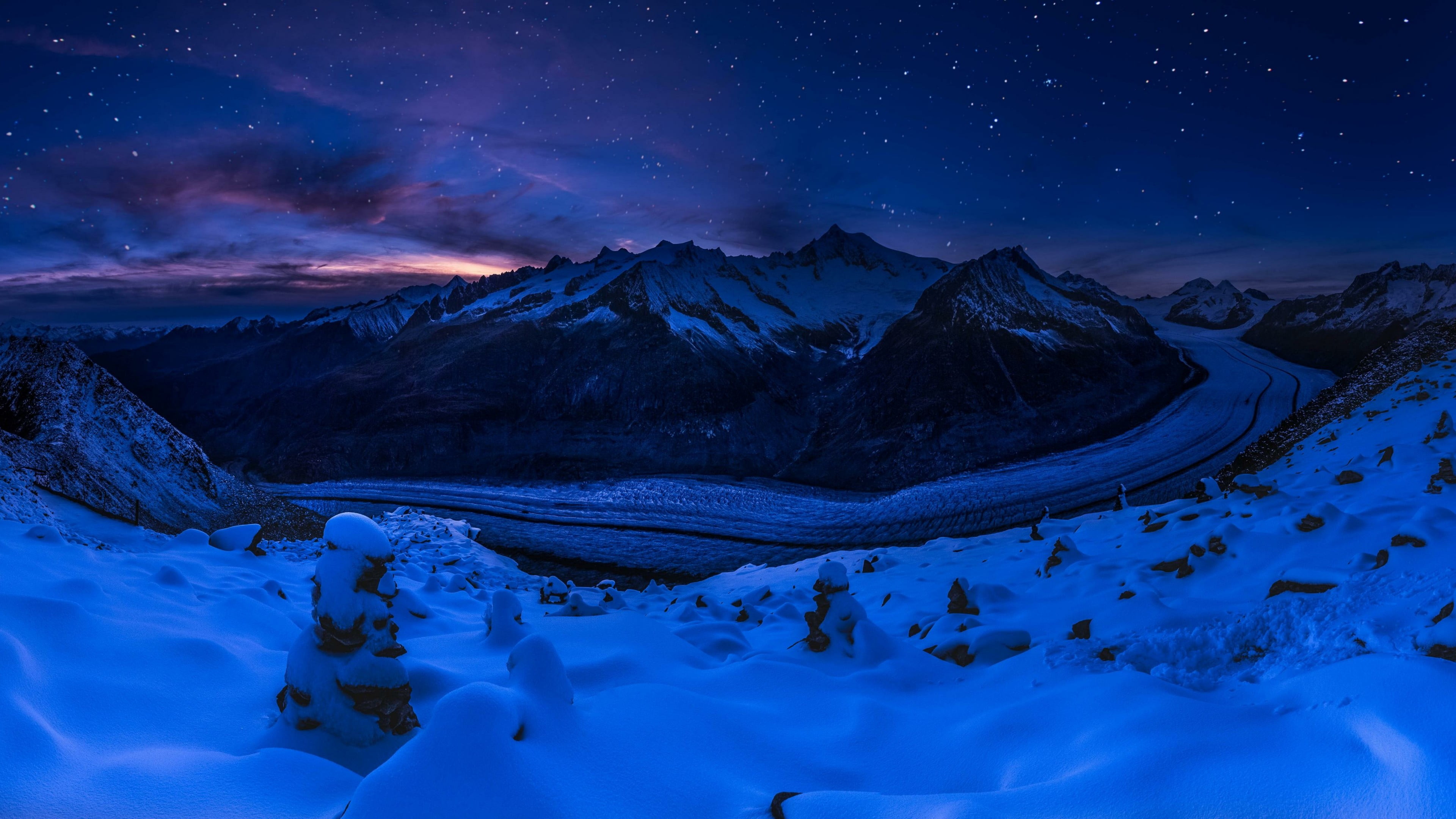 winter, 4K, mountain, night sky, space, nature, night, astronomy, snow, switzerland, massif, cold temperature, starry night, glacier, tranquility, mountain range, HD Wallpaper