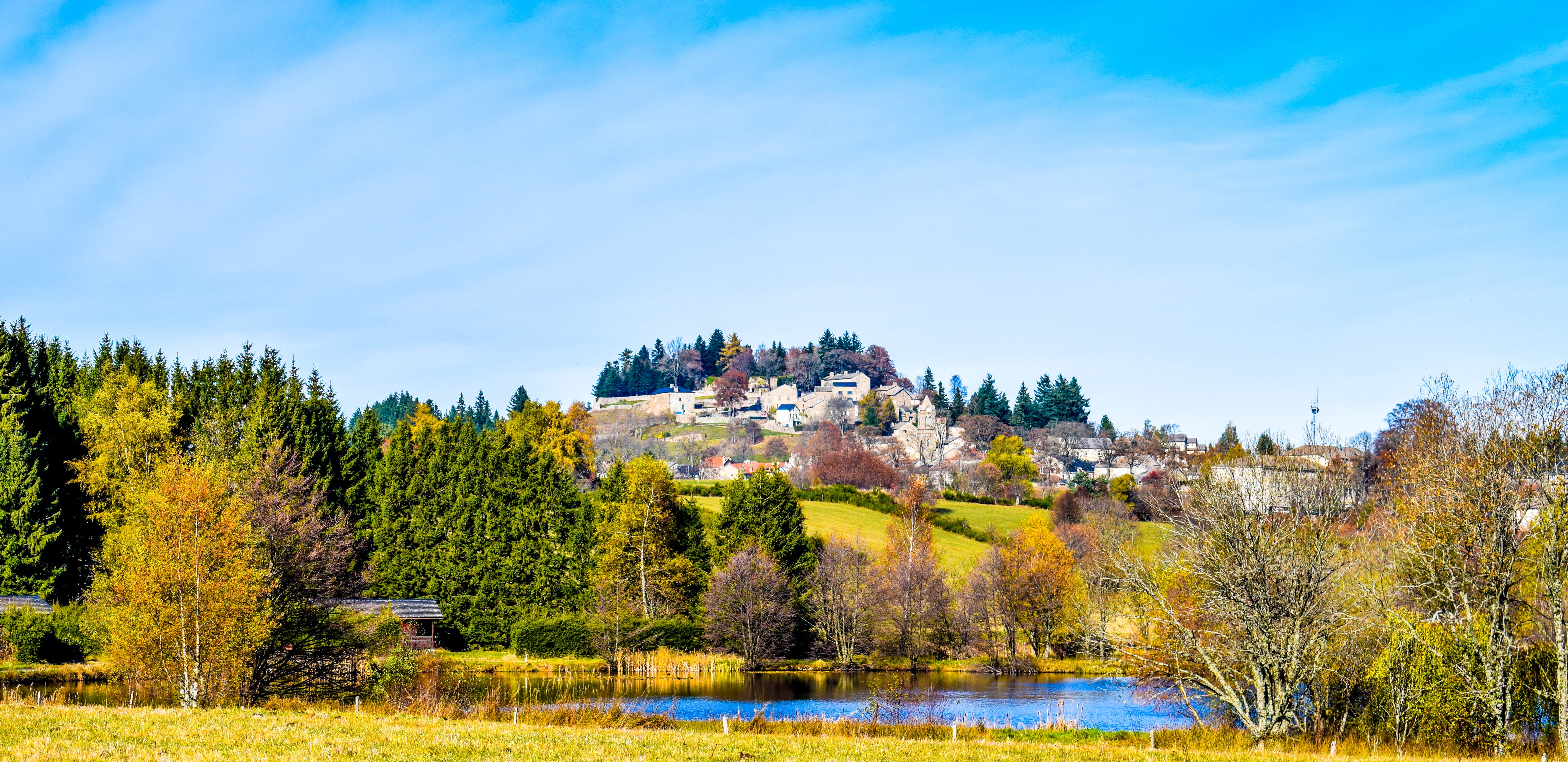color Image, travel destinations, Ardèche, blue, pond, water, nature, hill, massif central, mezenc, day, Village, pine woodland, environment, magnificent, HD Wallpaper