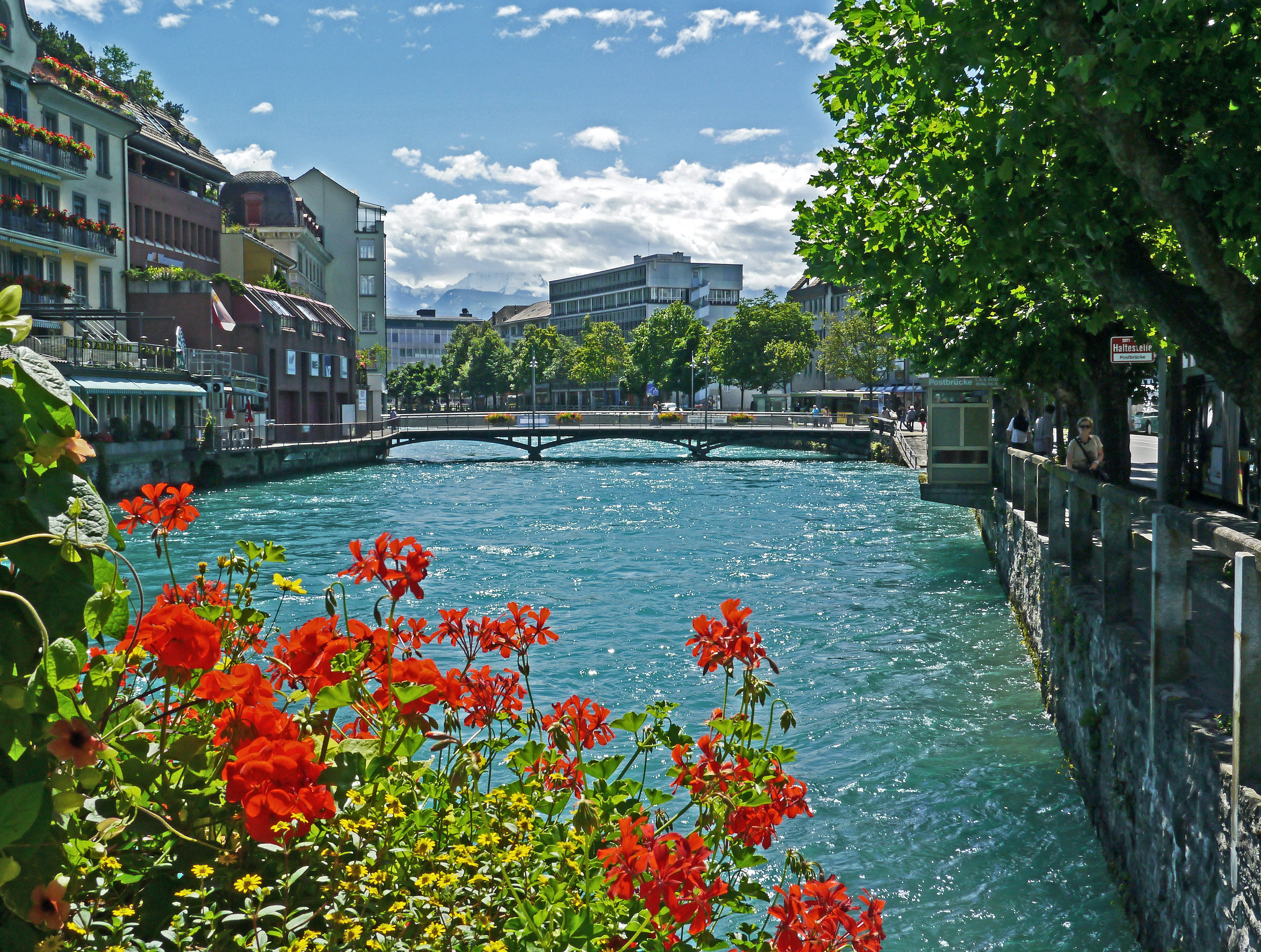 alps river, downtown, floral decorations, geranium, switzerland, water, building, building exterior, jungfraujoch, nature, built structure, 4K, sunlight, HD Wallpaper